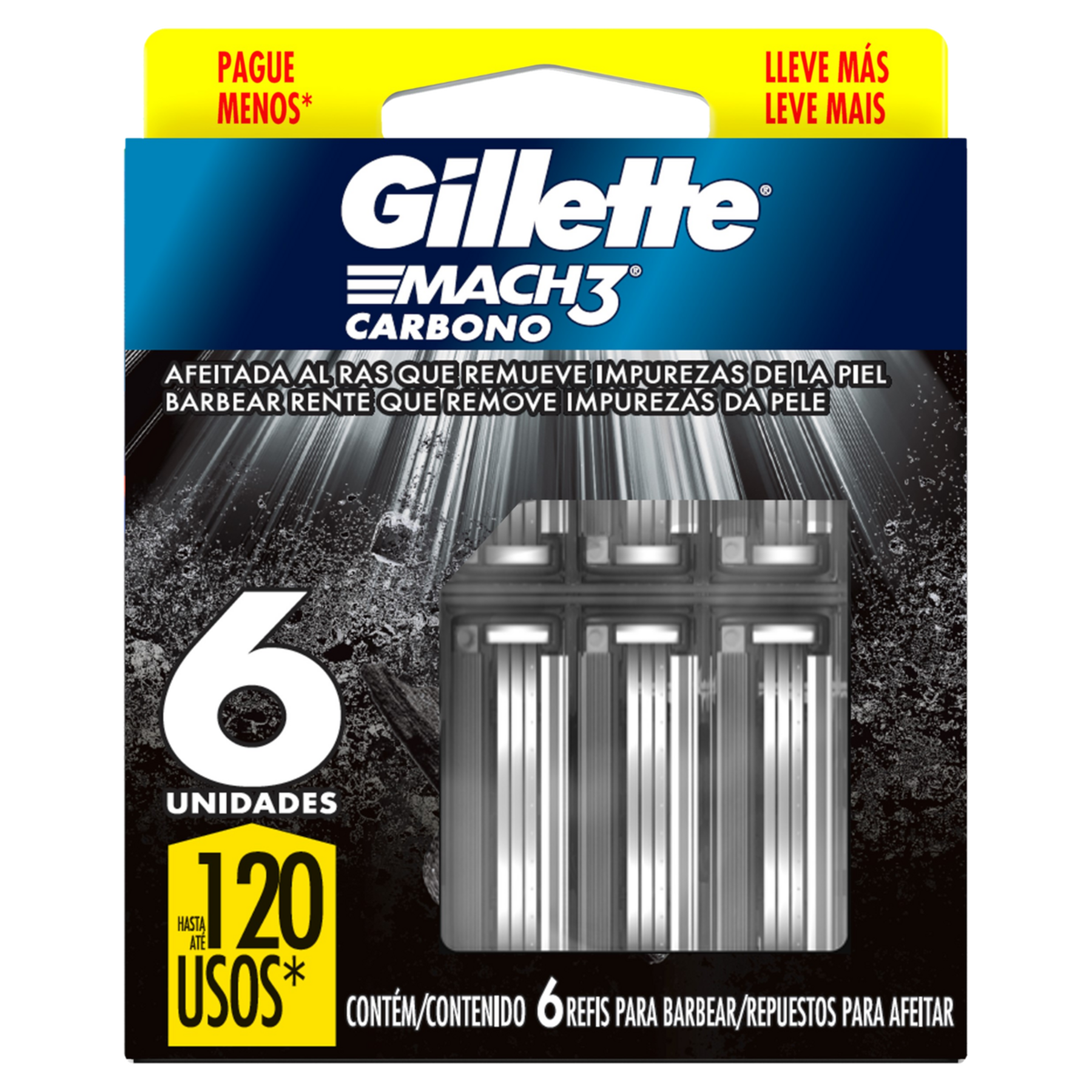 Carga de Aparelho para Barbear Mach3 Carbono Gillette C/6 Unidades - Embalagem Leve Mais Pague Menos