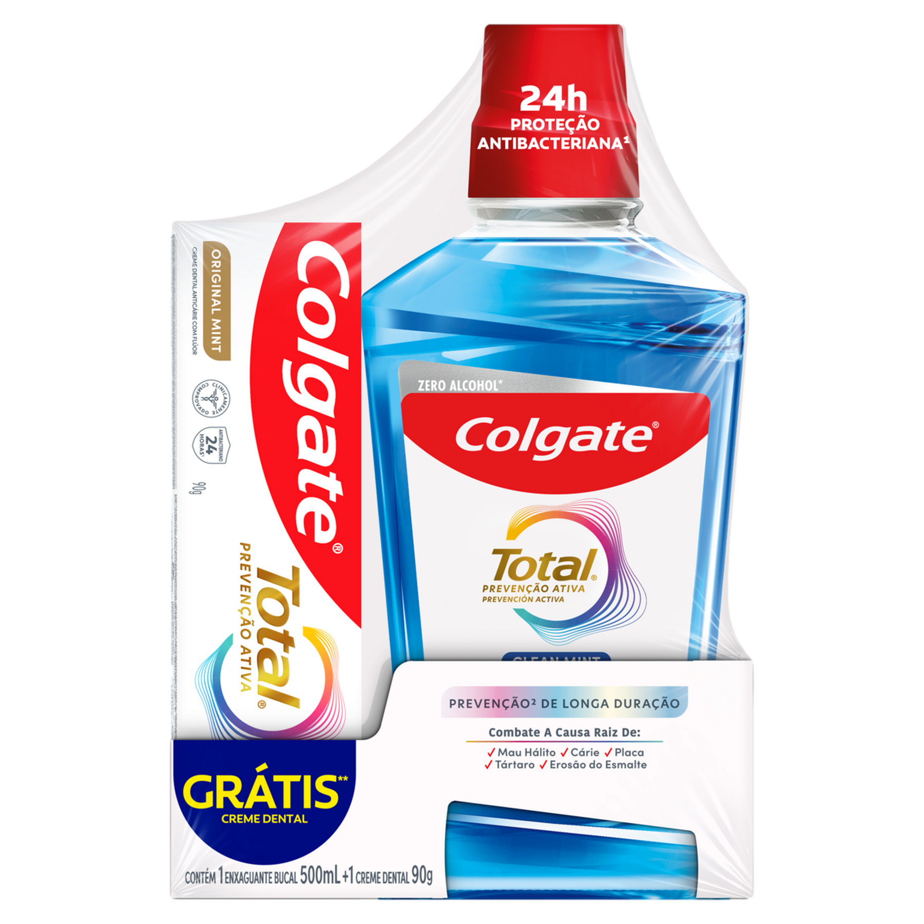 Enxaguante Bucal Zero &Aacute;lcool Clean Mint Preven&ccedil;&atilde;o Ativa Total Colgate 500ml - Embalagem Gr&aacute;tis Creme Dental Original Mint 90g&nbsp;