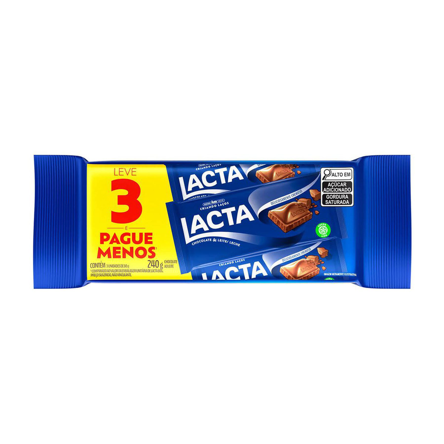 Chocolate ao Leite Lacta 240g C/3 Unidades - Embalagem Leve 3 Pague Menos
