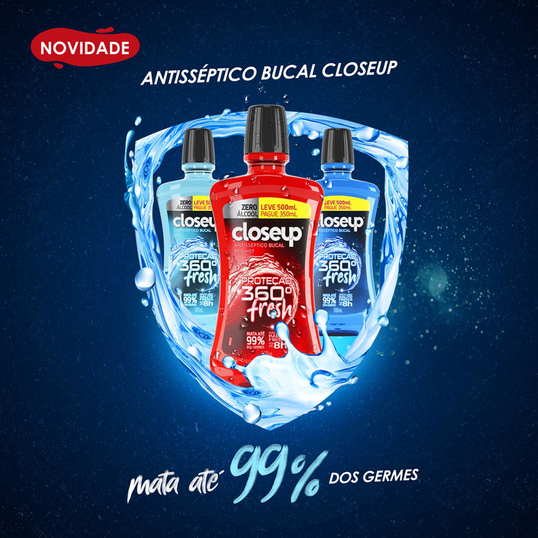 Enxaguante Bucal Antisséptico Zero Álcool Ice Closeup Proteção 360° Fresh Frasco Leve 500ml Pague 350ml