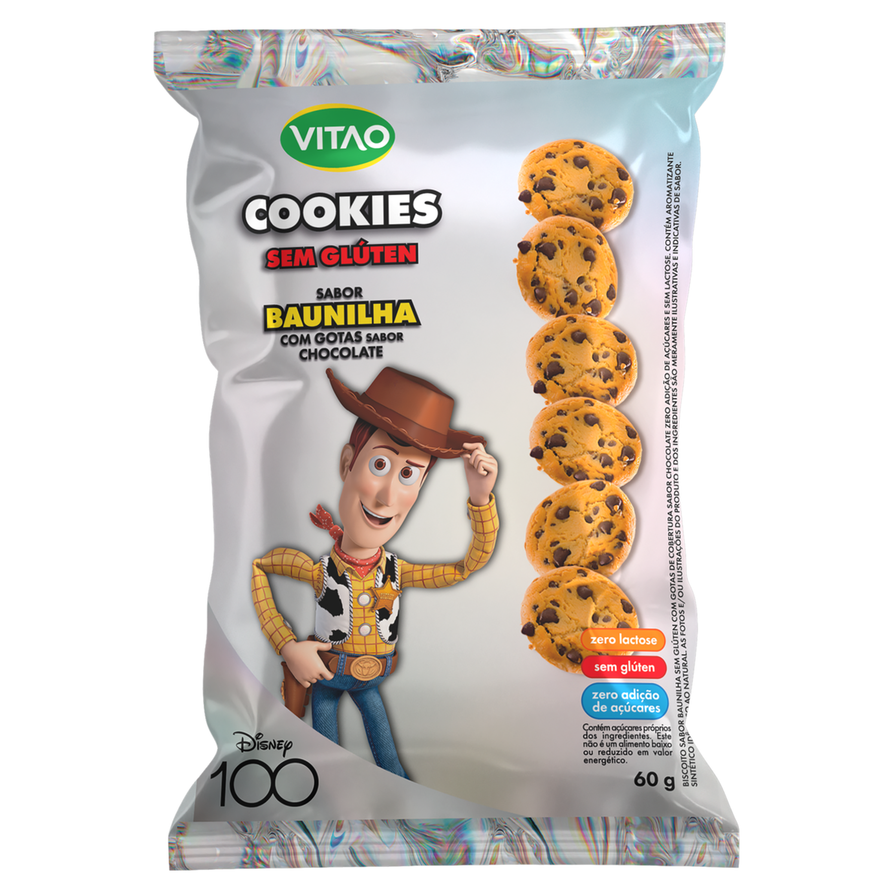Biscoito Cookies Baunilha com Gotas de Chocolate Vitao Pacote 60g - Embalagem Edi&ccedil;&atilde;o Especial Disney 100 Toy Story