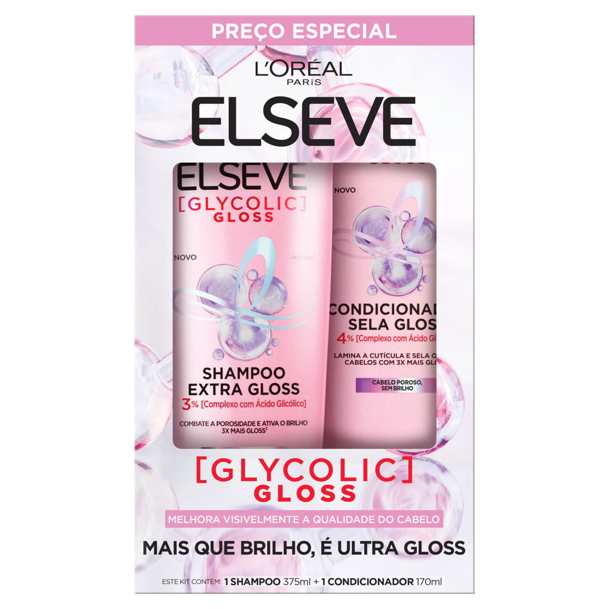 Shampoo 375ml + Condicionador 170ml Glycolic Gloss Elseve L'or&eacute;al Paris