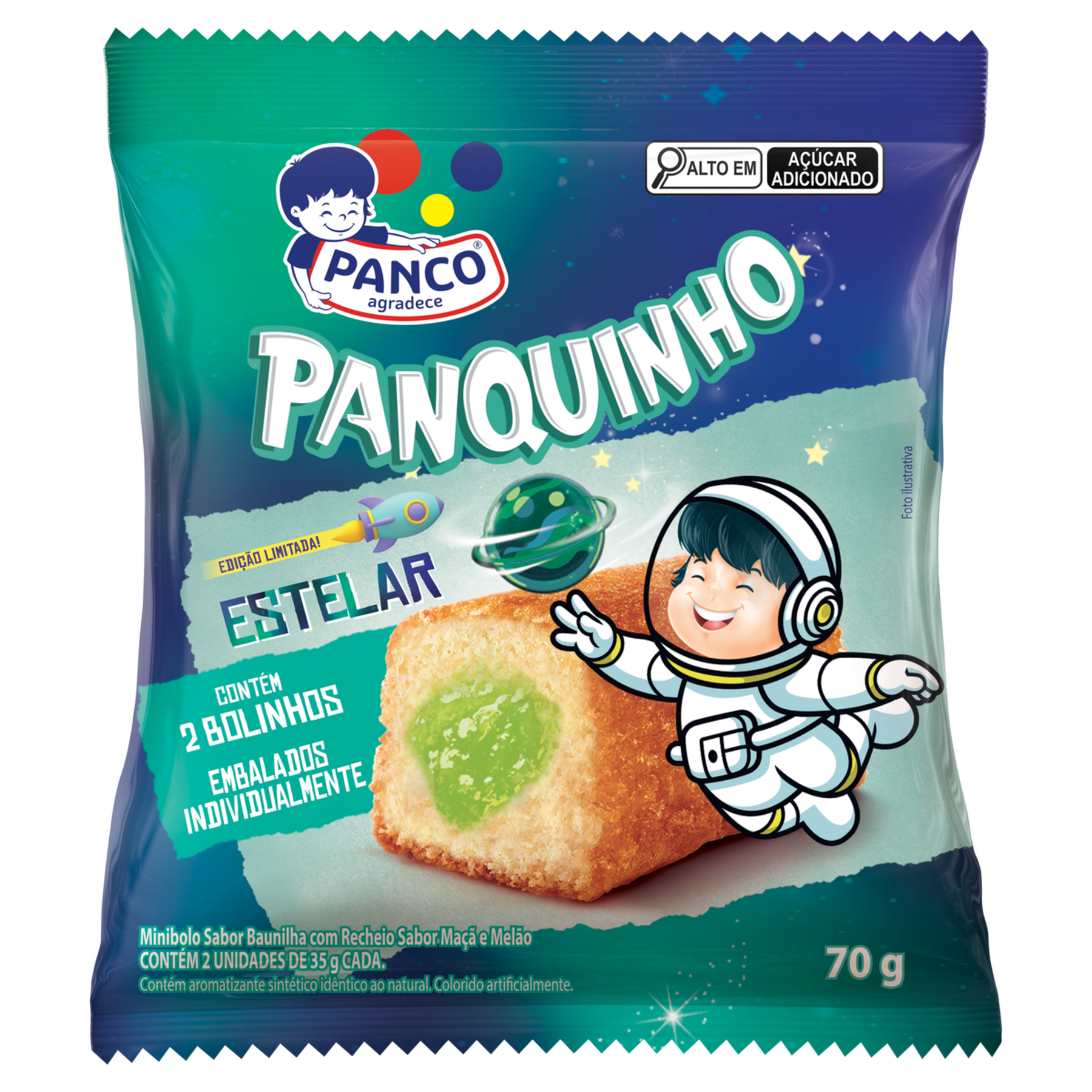 Minibolo Baunilha Recheio Maçã e Melão Estelar Panquinho Panco Pacote 70g C/2 Unidades
