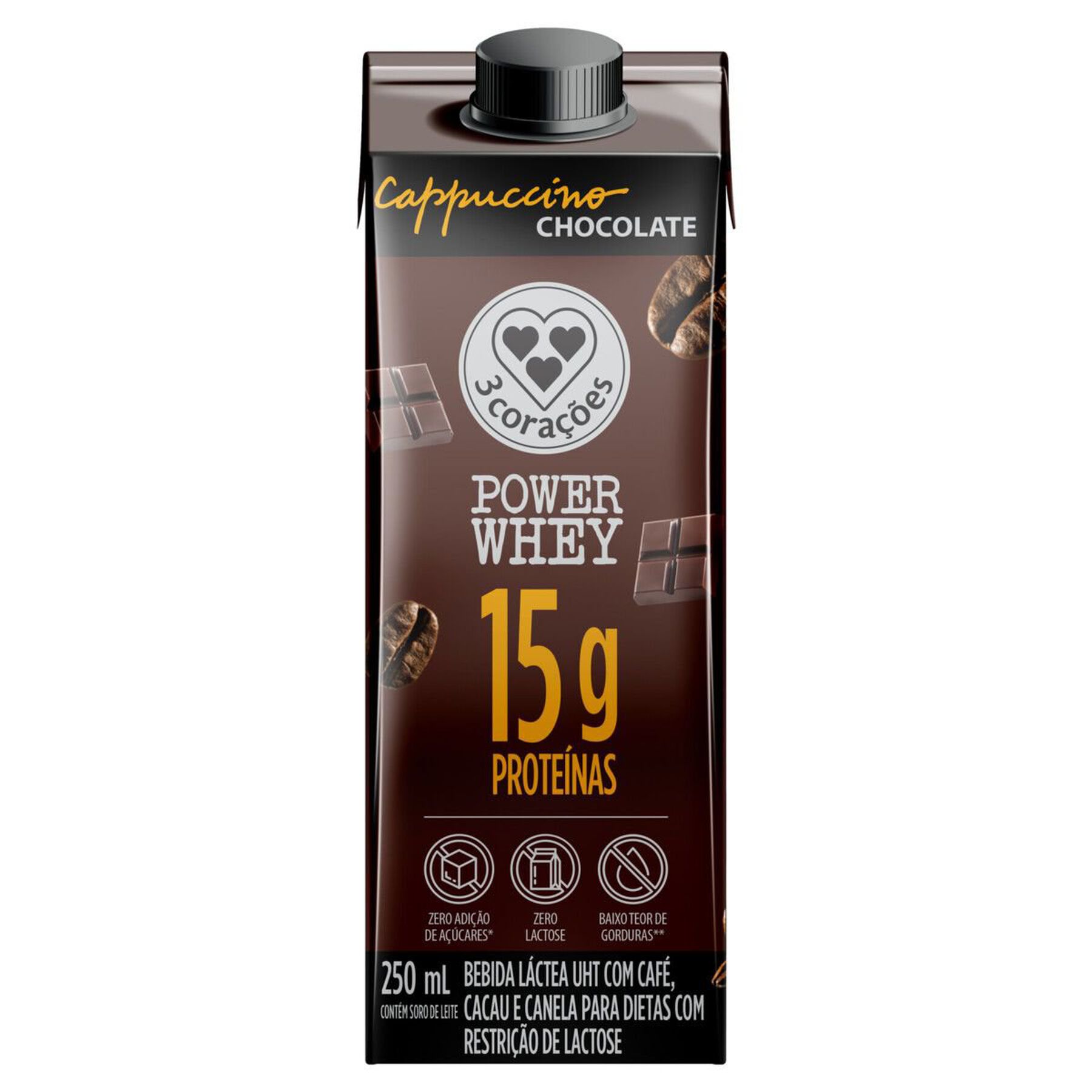 Bebida Láctea UHT Cappuccino Chocolate Power Whey 3 Corações Caixa 250ml