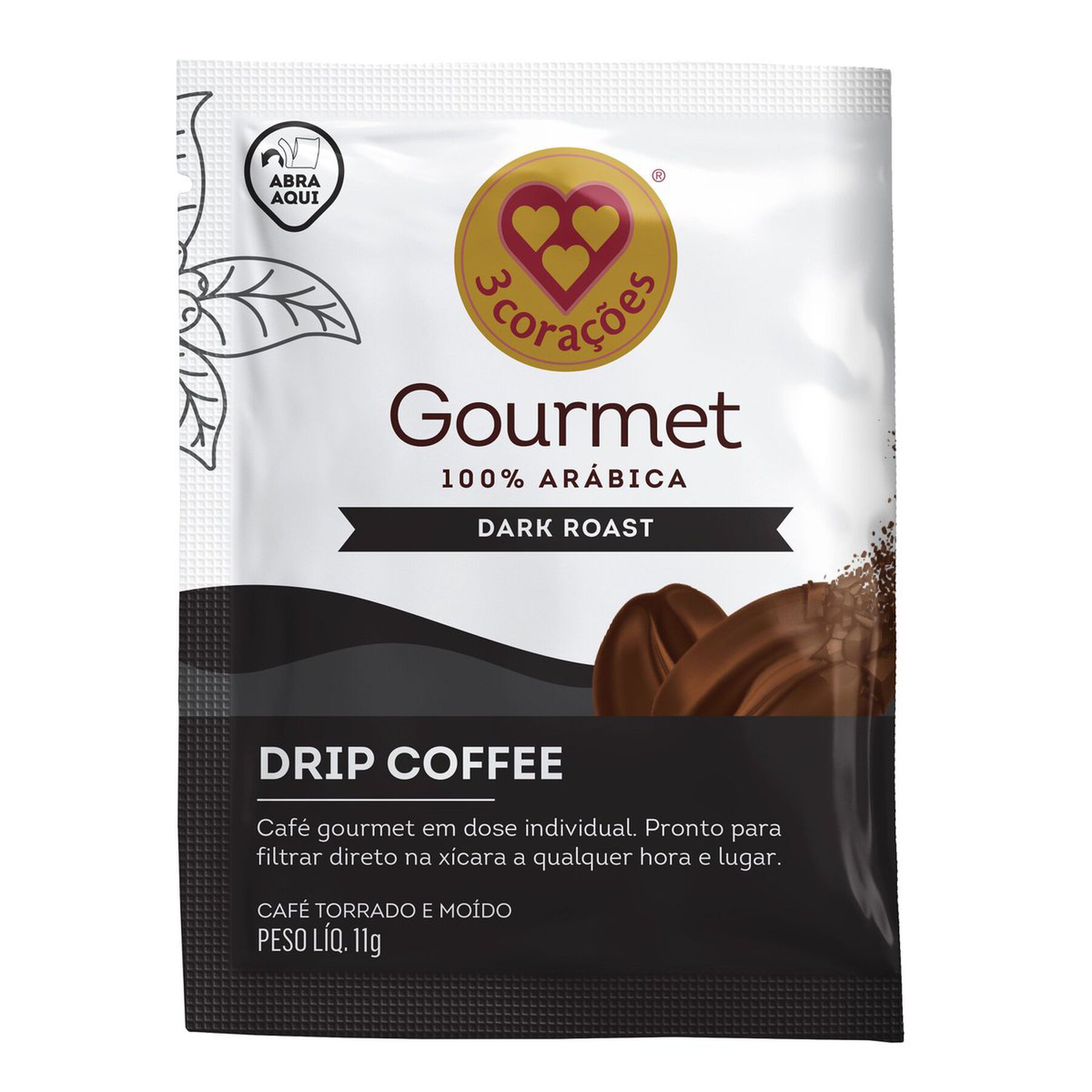 Café Torrado e Moído Drip Coffee Dark Roast 3 Corações Gourmet Sachê 11g
