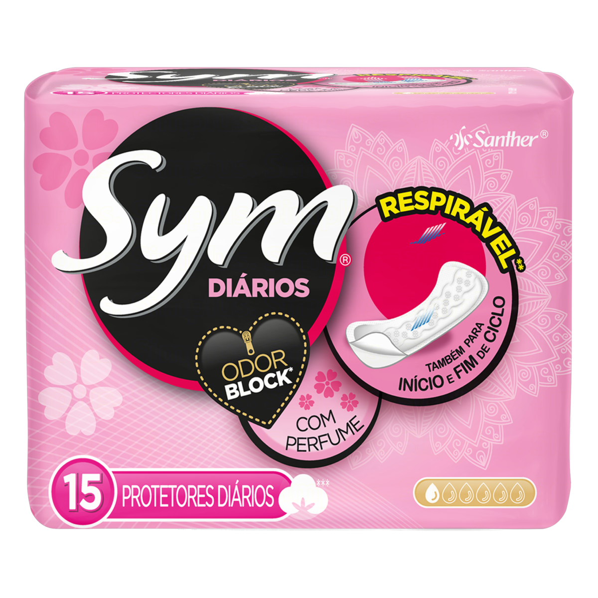 Protetor Di&aacute;rio Respir&aacute;vel com Perfume sem Abas Sym Pacote 15 Unidades