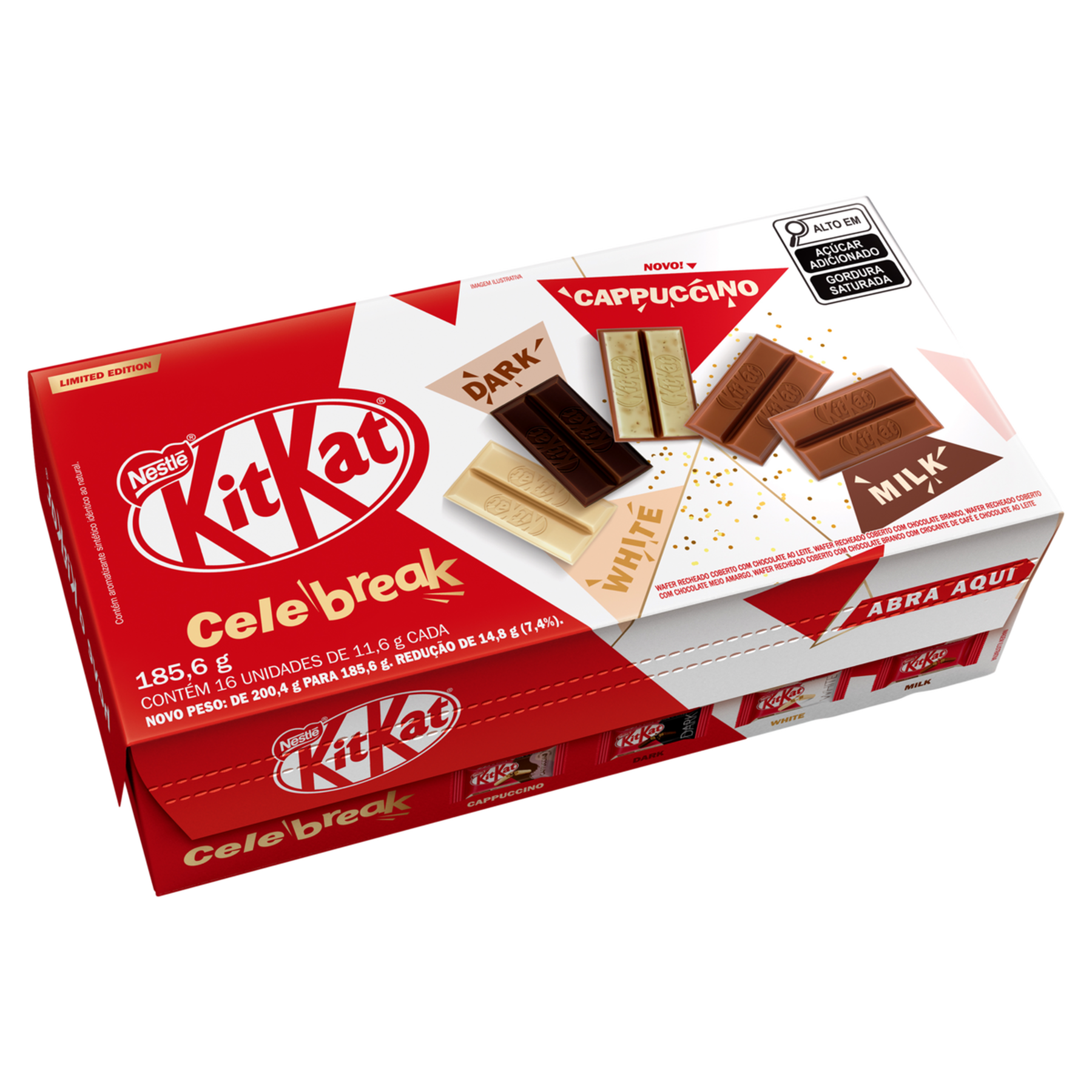 Chocolate Wafer White, Dark, Cappuccino e Milk KitKat Celebreak Caixa 185,6g C/16 Unidades
