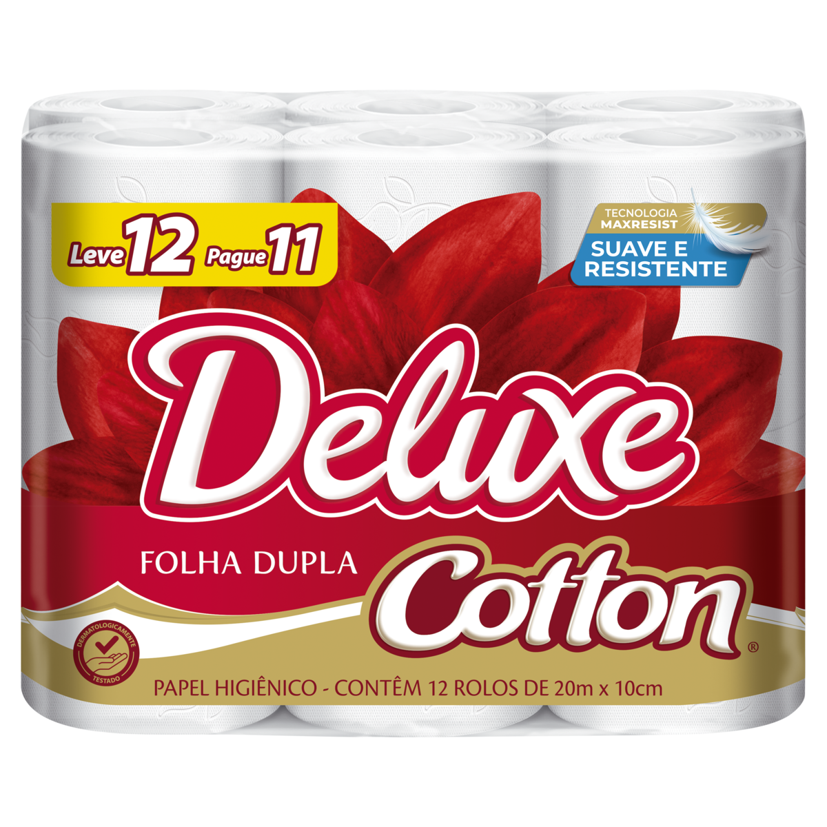 Papel Higi&ecirc;nico Folha Dupla Cotton Deluxe 20m Pacote C/12 Unidades - Embalagem Leve 12 Pague 11