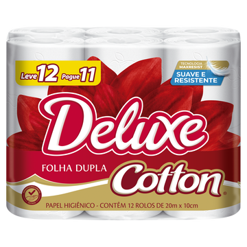 Papel Higiênico Folha Dupla Cotton Deluxe 20m Pacote C/12 Unidades - Embalagem Leve 12 Pague 11