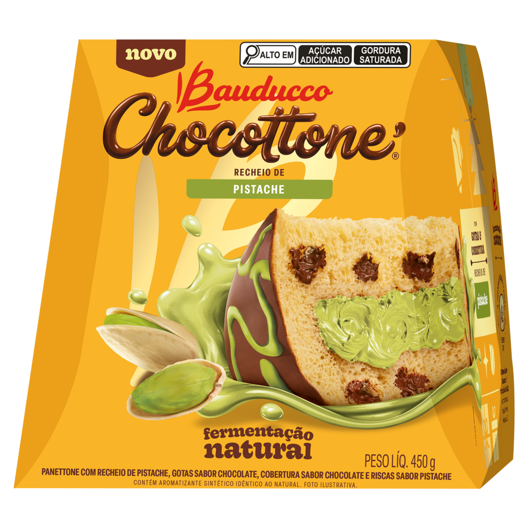 Panettone Recheio Pistache com Gotas e Cobertura de Chocolate Chocottone Bauducco Caixa 450g