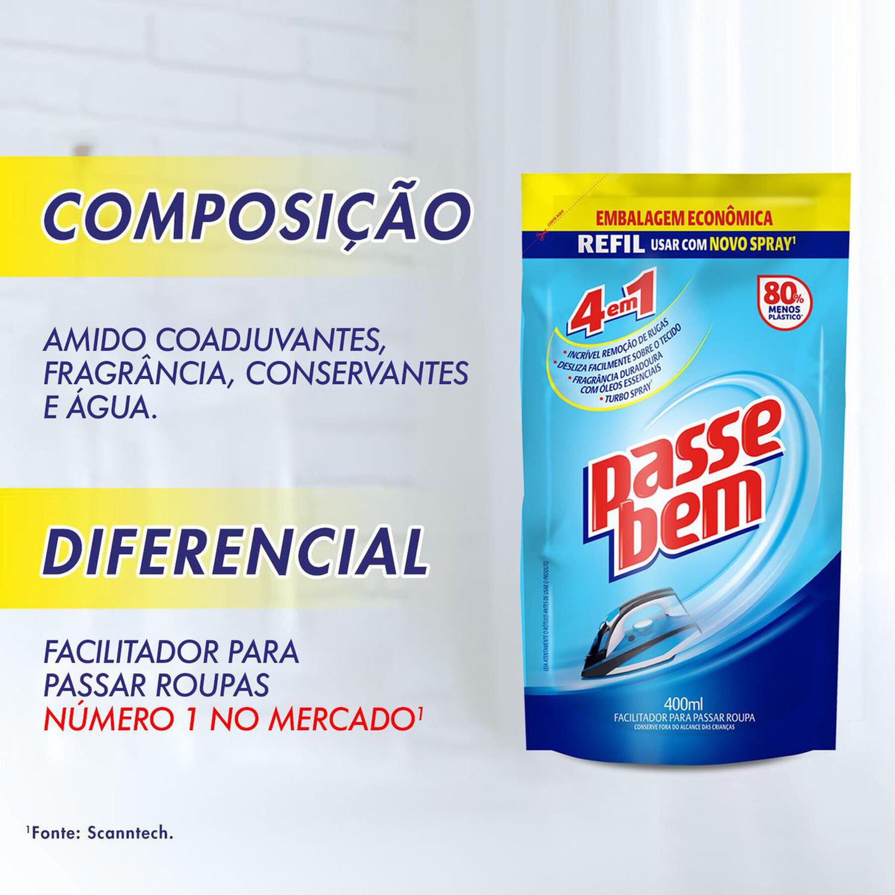 Facilitador de Passar Roupas Líquido Passe Bem Sachê 400ml - Refil Embalagem Econômica