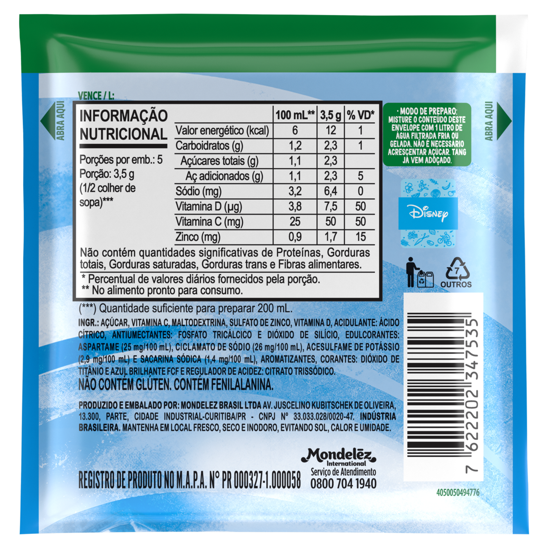 Refresco em Pó Azul Espacial Tang Pacote 18g