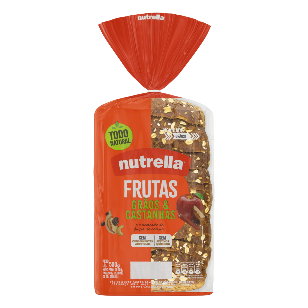 P&atilde;o Frutas, Gr&atilde;os e Castanhas Nutrella Pacote 500g