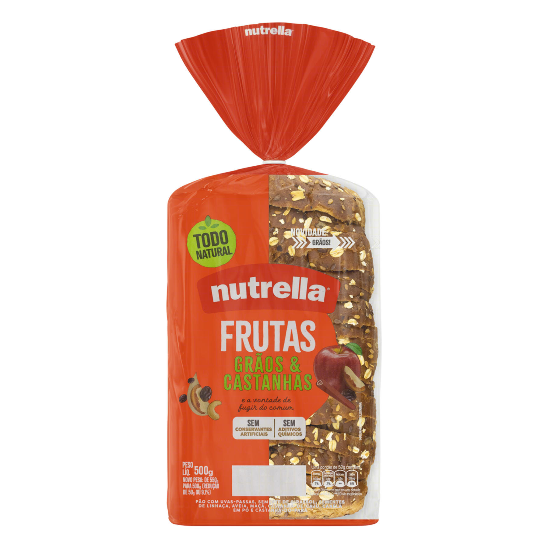 P&atilde;o Frutas, Gr&atilde;os e Castanhas Nutrella Pacote 500g