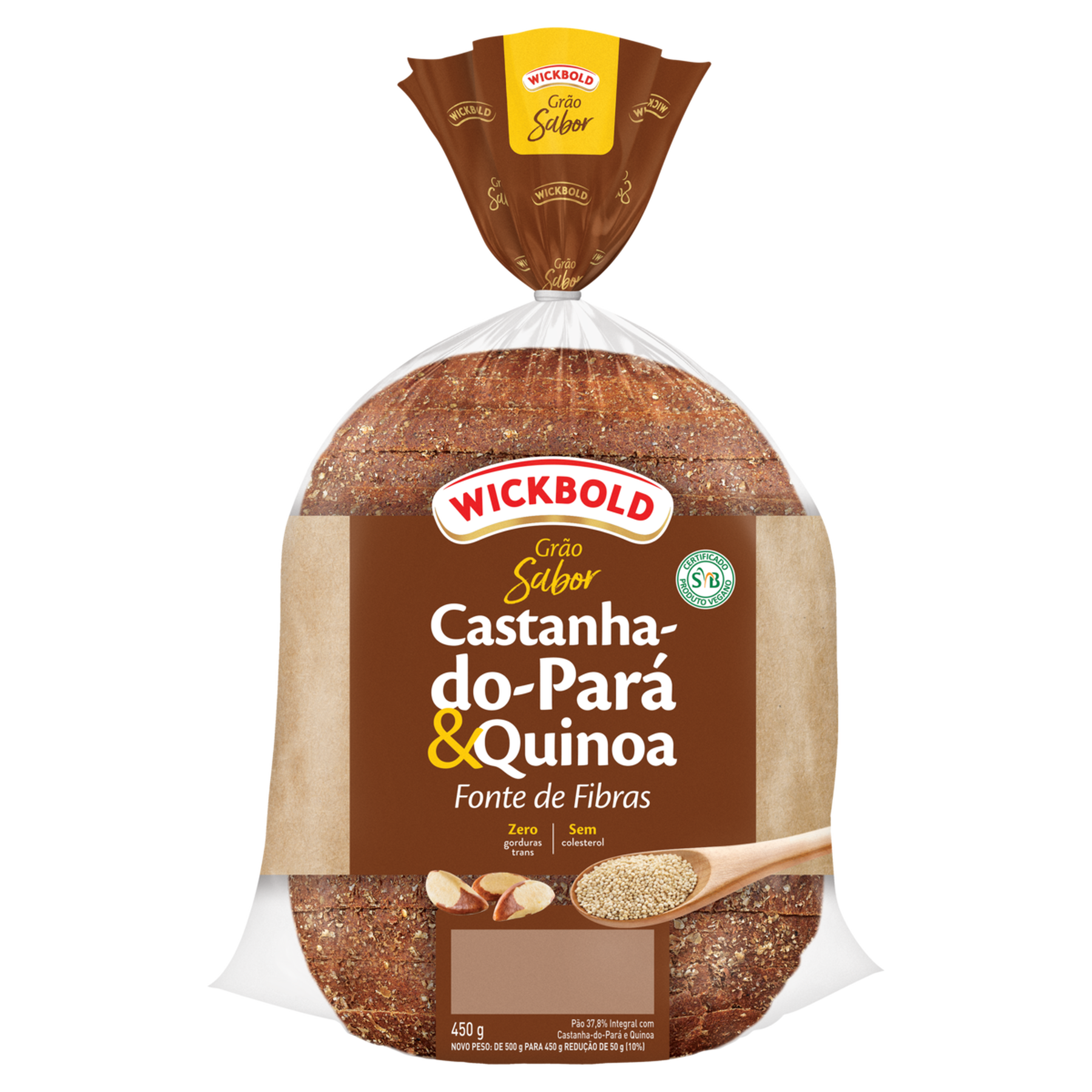 Pão de Forma 37,8% Integral Castanha-do-Pará e Quinoa Wickbold Grão Sabor Pacote 500g