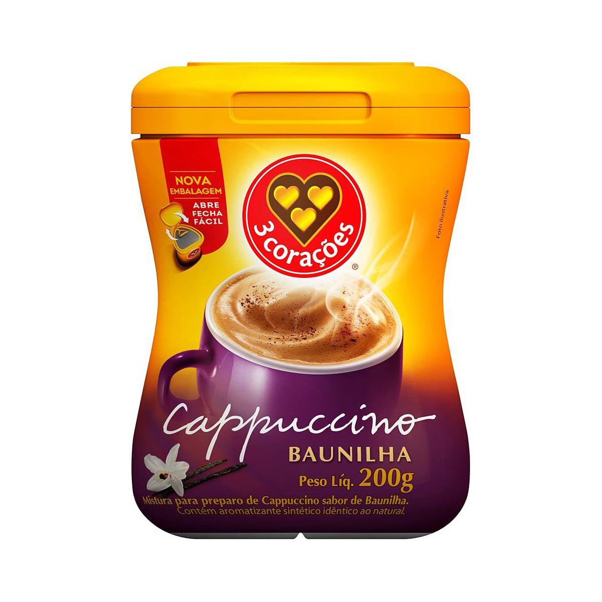 Cappuccino Sol&uacute;vel Baunilha 3 Cora&ccedil;&otilde;es Pote 200g