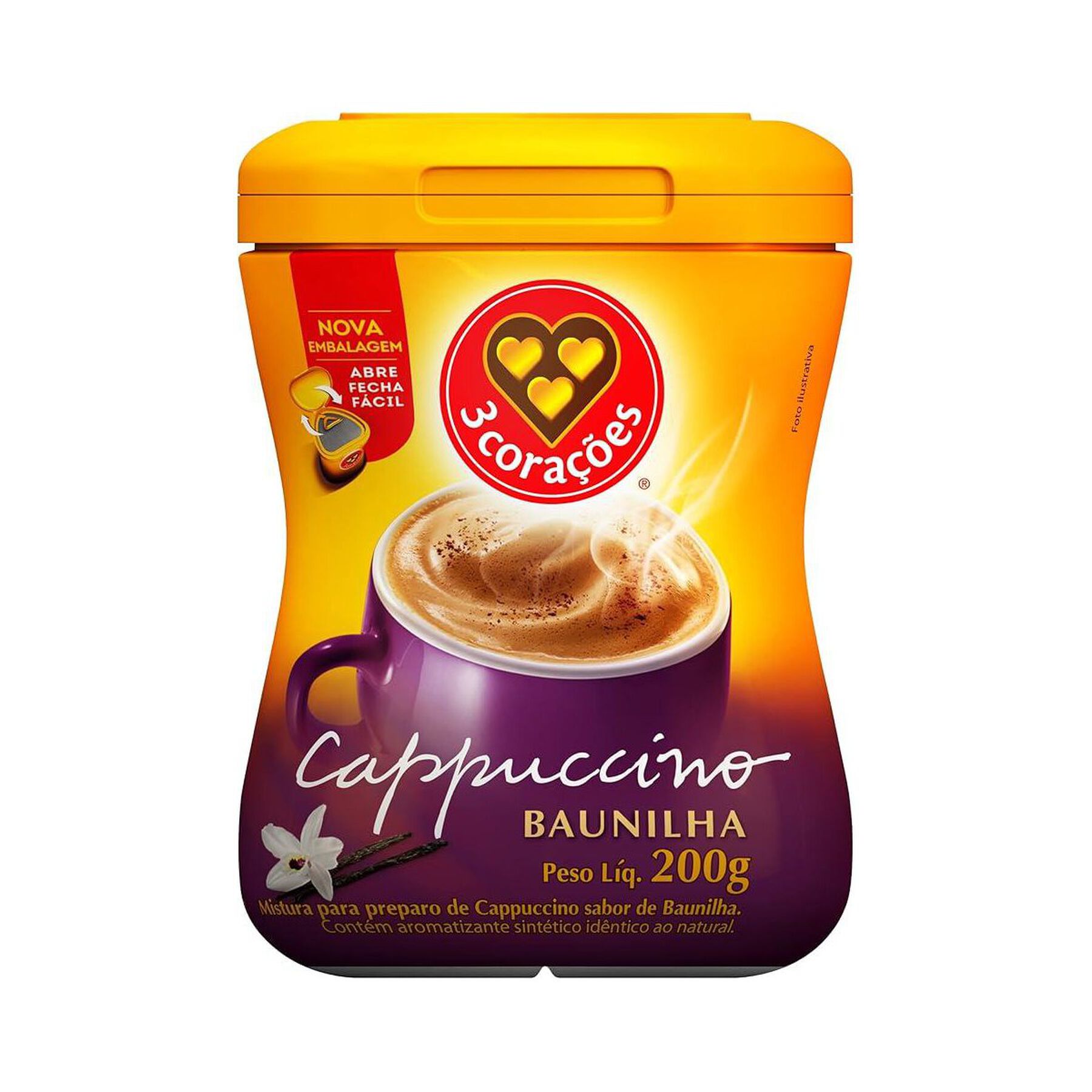 Cappuccino Solúvel Baunilha 3 Corações Pote 200g