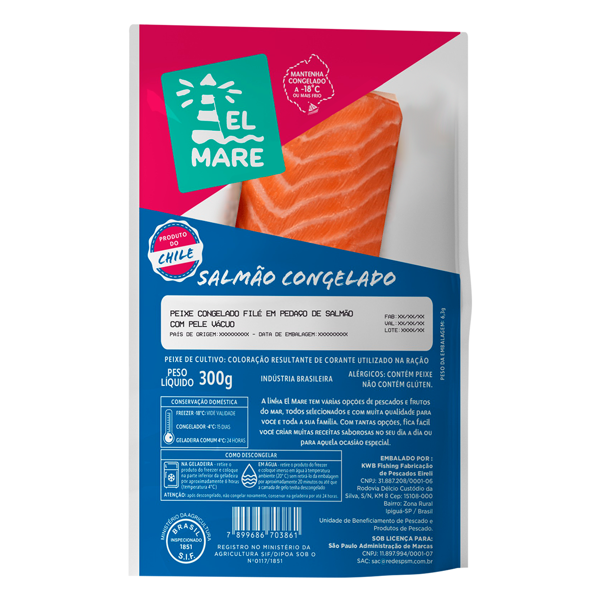 Fil&eacute; de Salm&atilde;o com Pele Congelado El Mare 300g