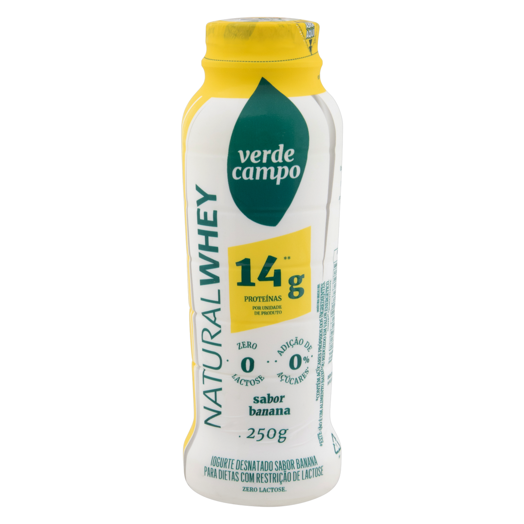 Iogurte Desnatado Banana Zero Lactose Verde Campo Natural Whey 14g de Proteína Frasco 250g