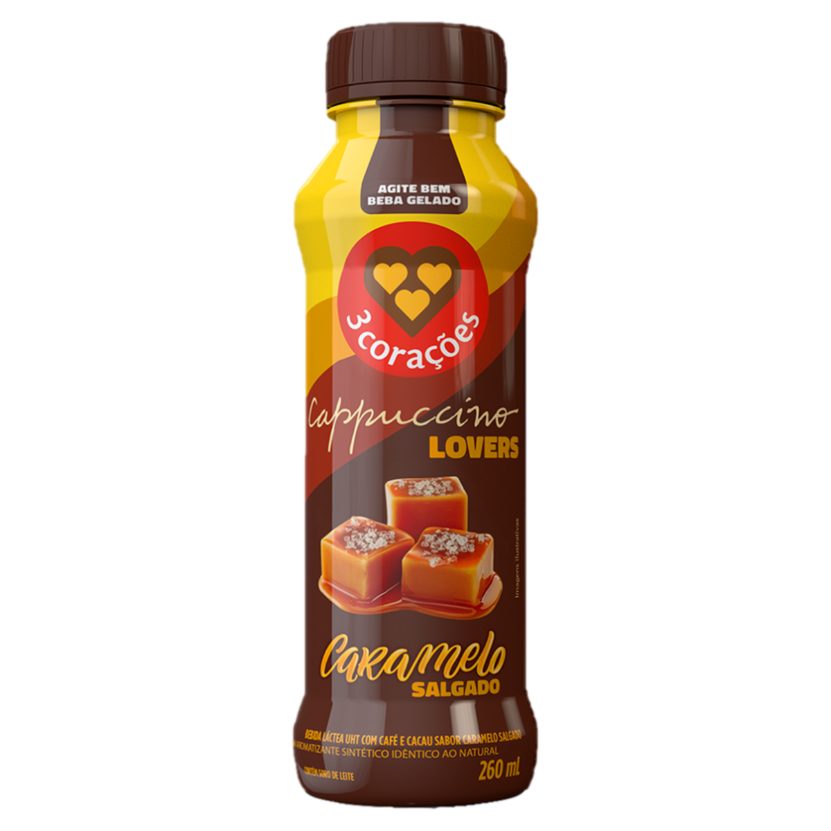 Bebida L&aacute;ctea Cappuccino Lovers Caramelo Salgado 3 Cora&ccedil;&otilde;es Frasco 260ml