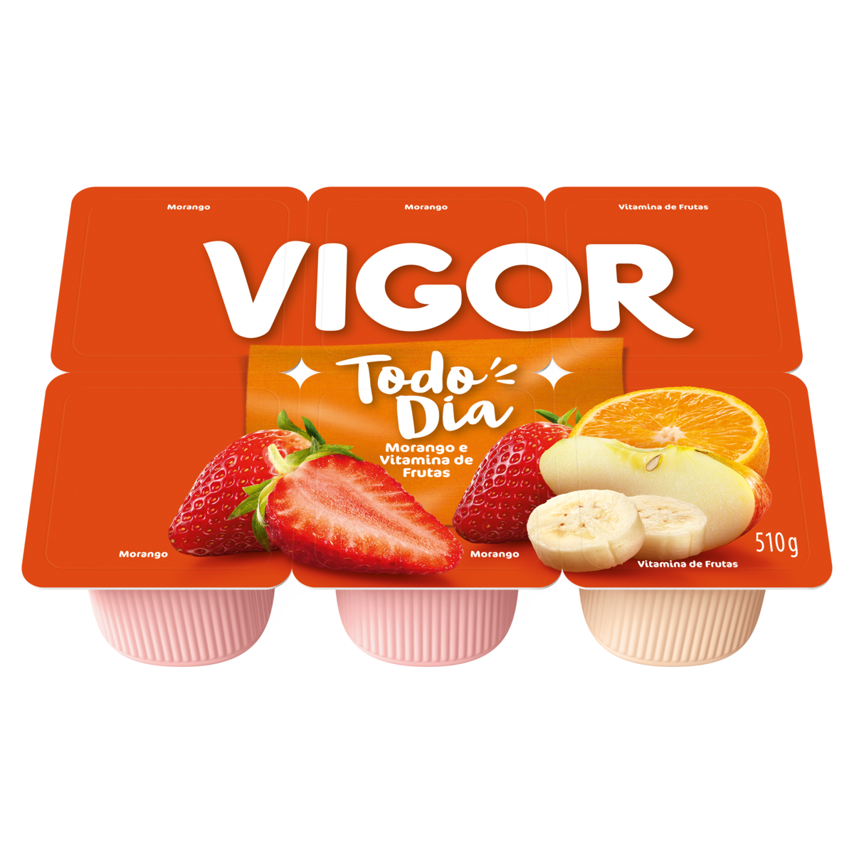 Bebida L&aacute;ctea Fermentada Morango + Vitamina de Frutas Vigor Todo Dia Bandeja 510g C/6 Unidades