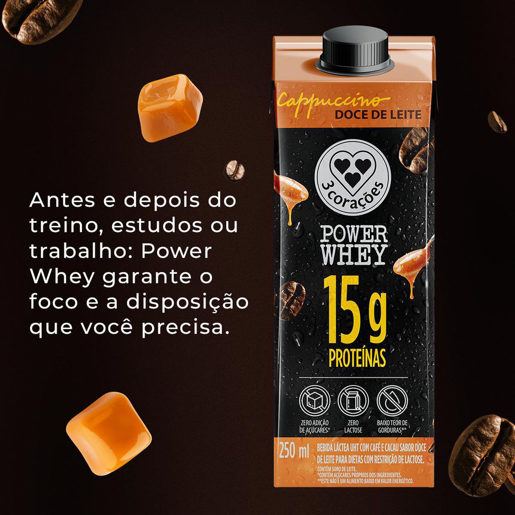 Bebida Láctea UHT Cappuccino Doce de Leite Power Whey 3 Corações Caixa 250ml