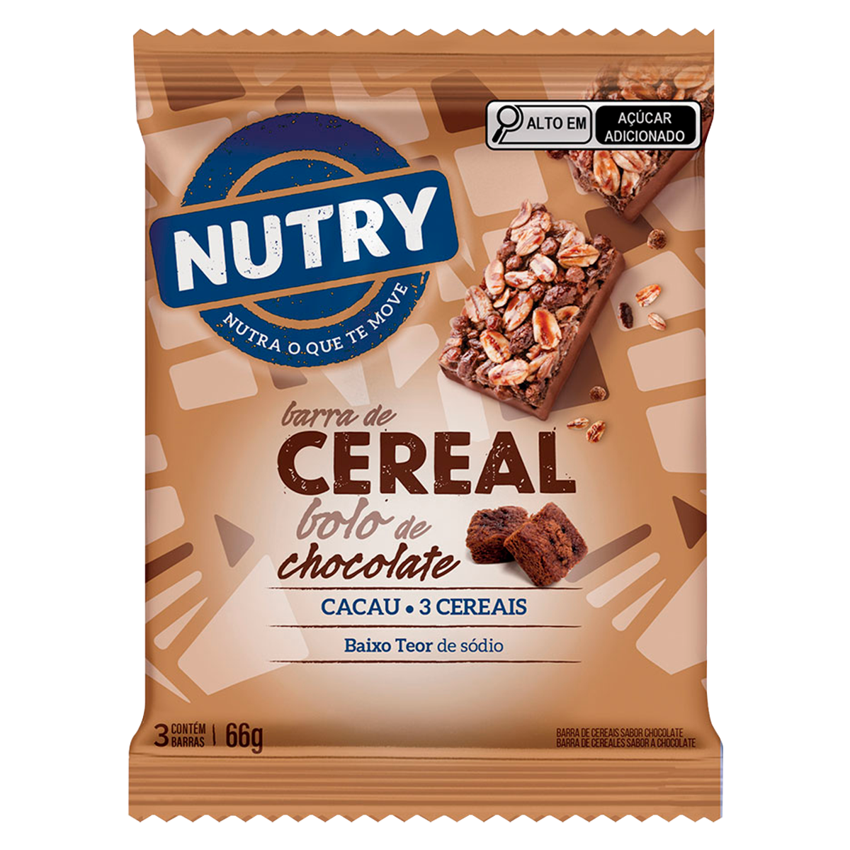 Barra de Cereal Bolo de Chocolate Nutry Pacote 66g C/3 Unidades