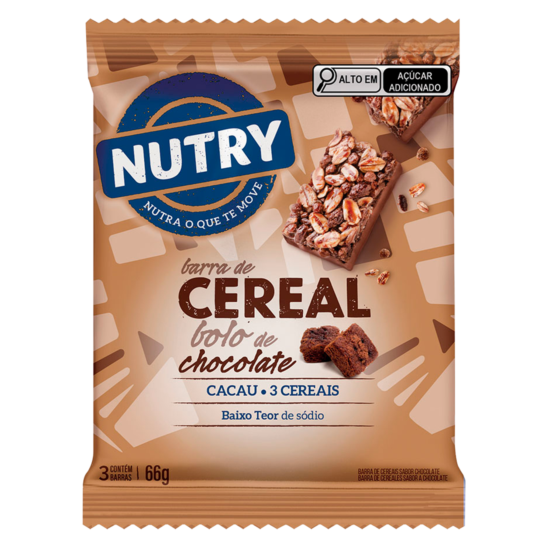 Barra de Cereal Bolo de Chocolate Nutry Pacote 66g C/3 Unidades