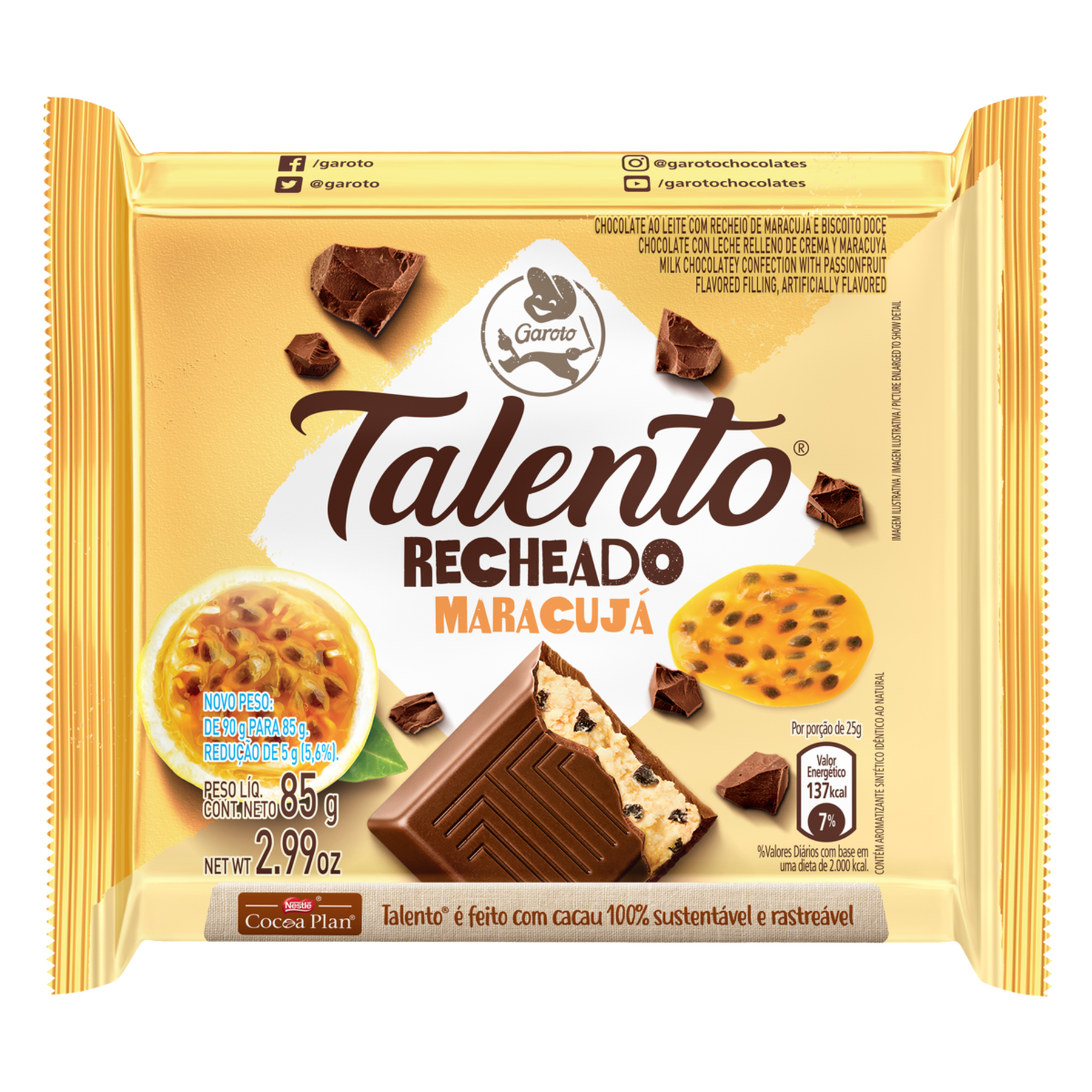 Chocolate ao Leite Recheio Maracuj&aacute; Garoto Talento Pacote 85g