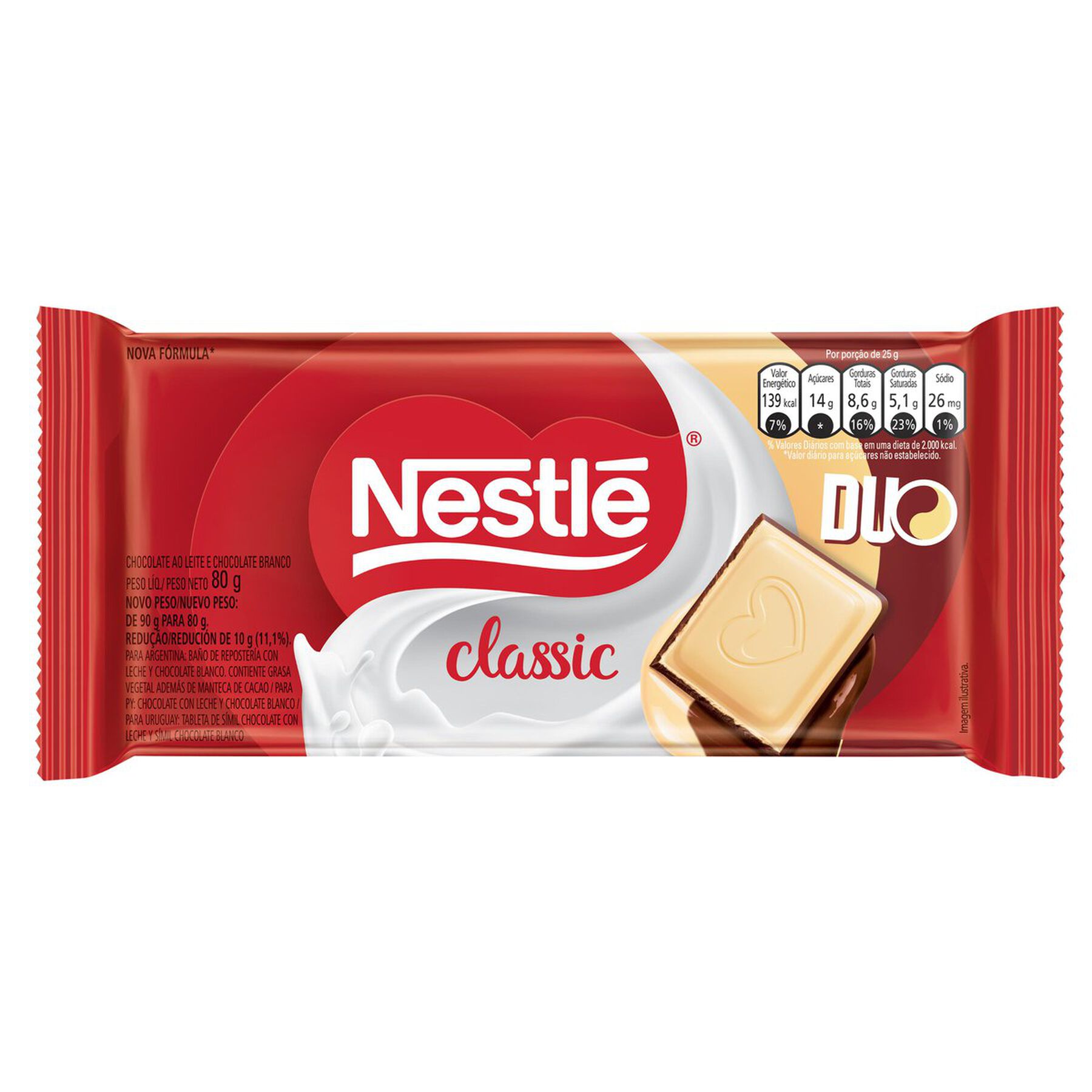 Barra de Chocolate ao Leite e Branco Duo Classic Nestlé Pacote 80g
