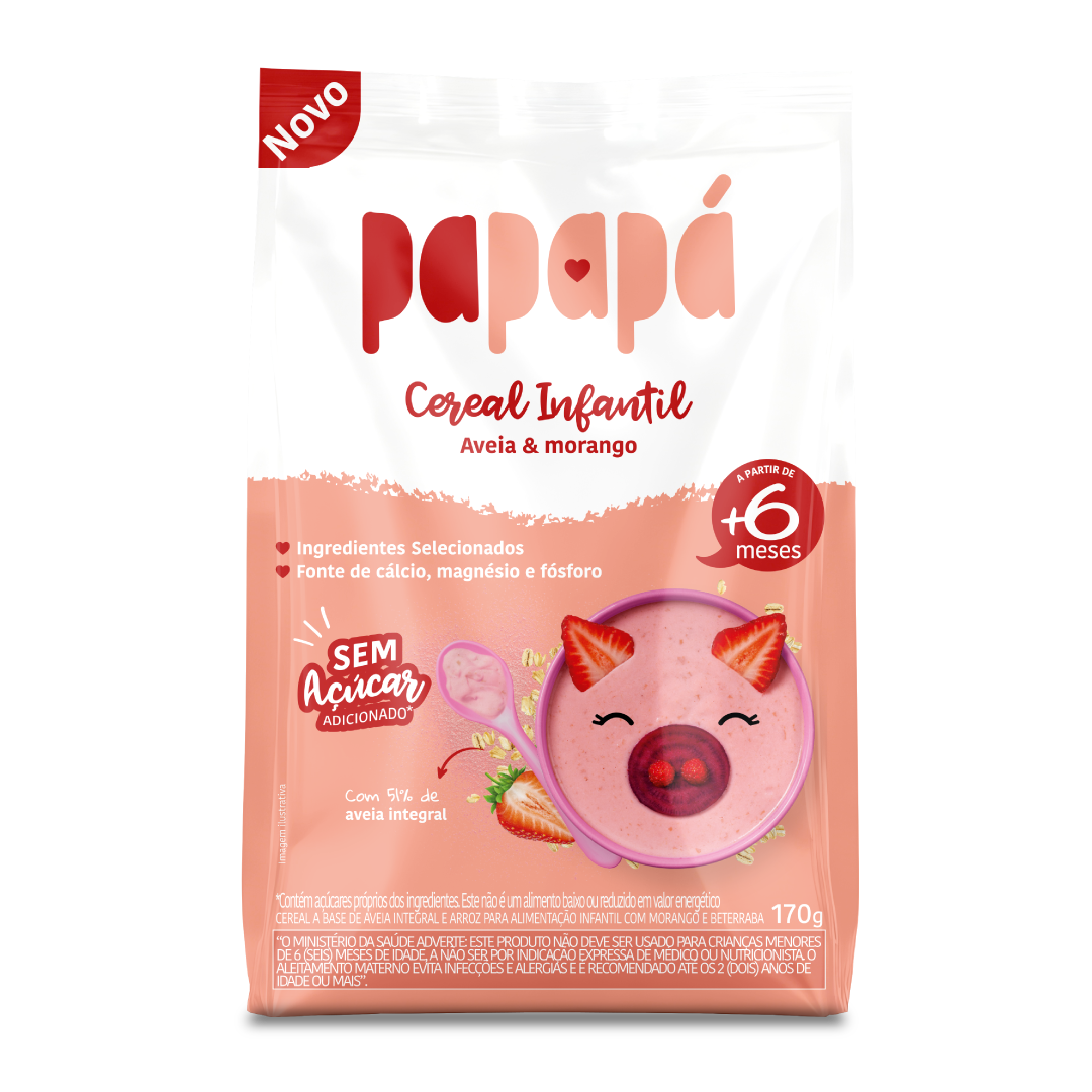 Cereal Infantil Integral Aveia e Morango Papap&aacute; Pacote 170g