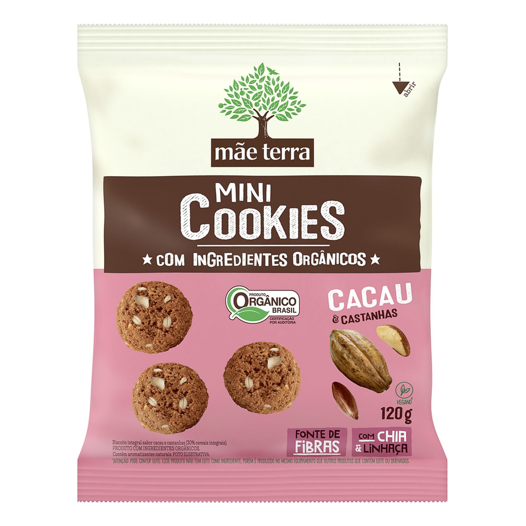 Biscoito Integral Orgânico Cacau & Castanhas Mãe Terra Mini Cookies Pacote 120g