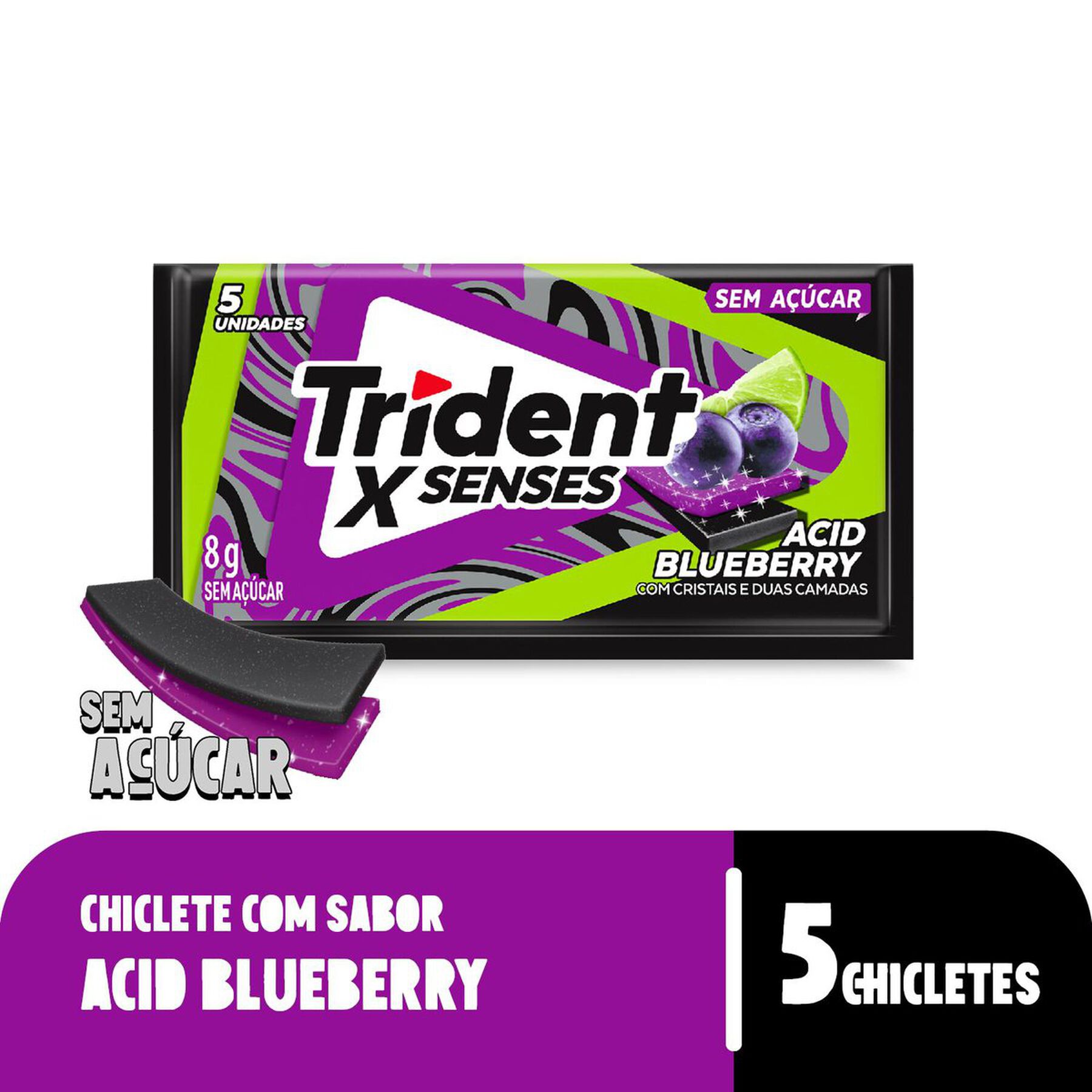 Chiclete Trident XSenses Acid Blueberry Sem Açúcar 8g - Embalagem com 5 unid.