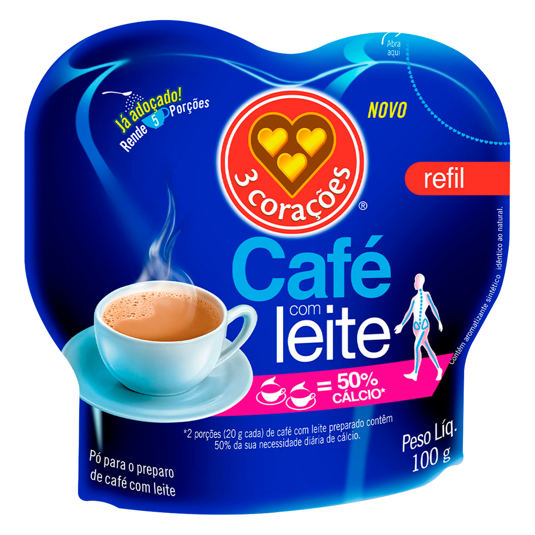 Caf&eacute; com Leite Sol&uacute;vel Original 3 Cora&ccedil;&otilde;es Sach&ecirc; 100g - Refil