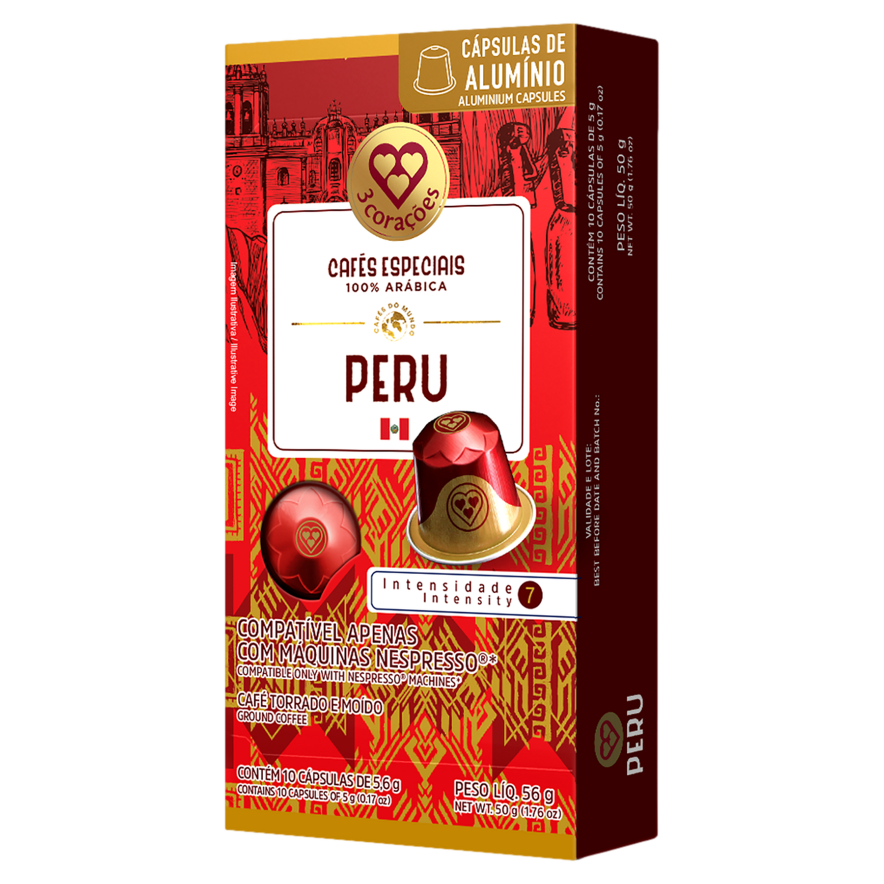 Caf&eacute; em C&aacute;psula Torrado e Mo&iacute;do Peru 3 Cora&ccedil;&otilde;es Caixa 56g C/10 Unidades