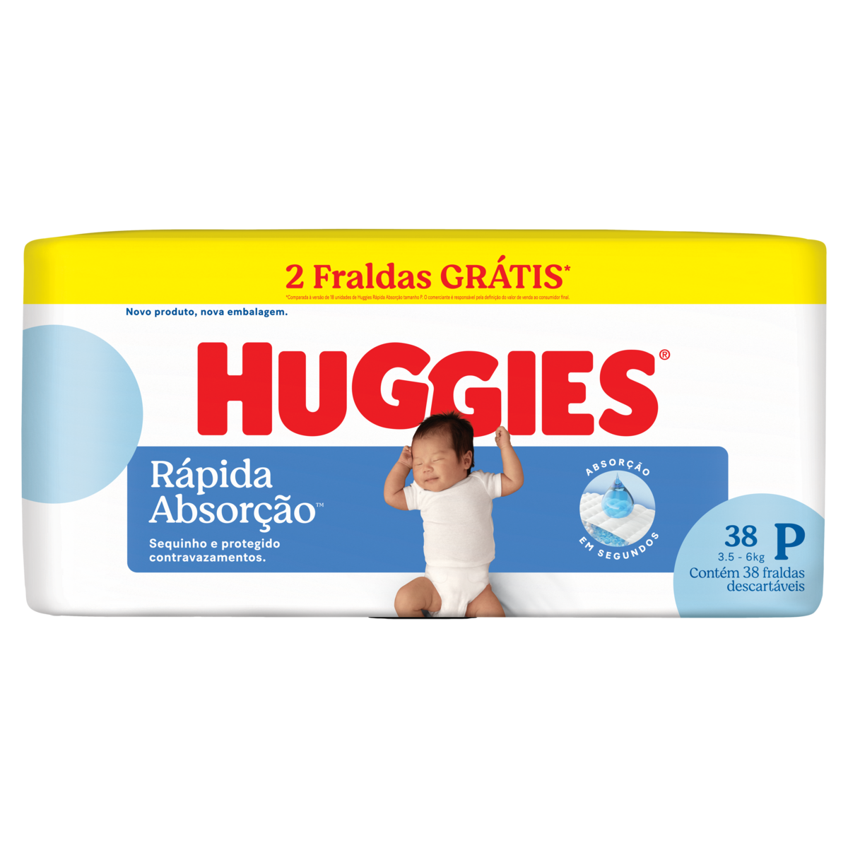 Fralda Descart&aacute;vel Infantil R&aacute;pida Absor&ccedil;&atilde;o Huggies P Pacote C/38 Unidades - Embalagem Gr&aacute;tis 2 Fraldas