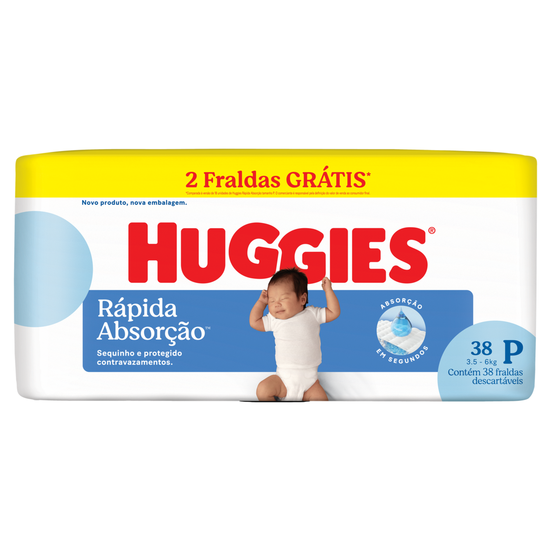 Fralda Descart&aacute;vel Infantil R&aacute;pida Absor&ccedil;&atilde;o Huggies P Pacote C/38 Unidades - Embalagem Gr&aacute;tis 2 Fraldas