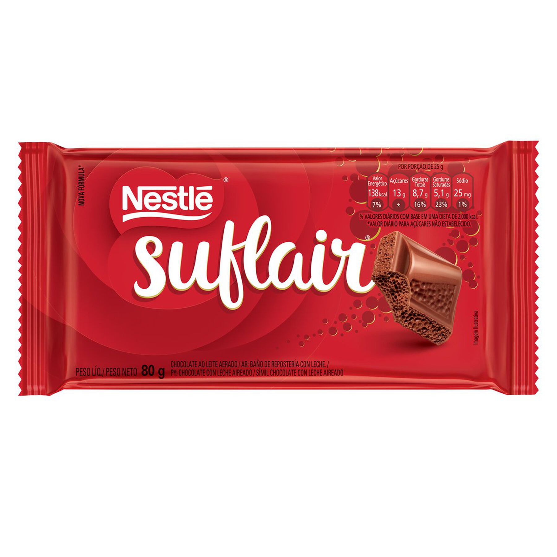 Barra de Chocolate ao Leite Aerado Nestlé Suflair Pacote 80g