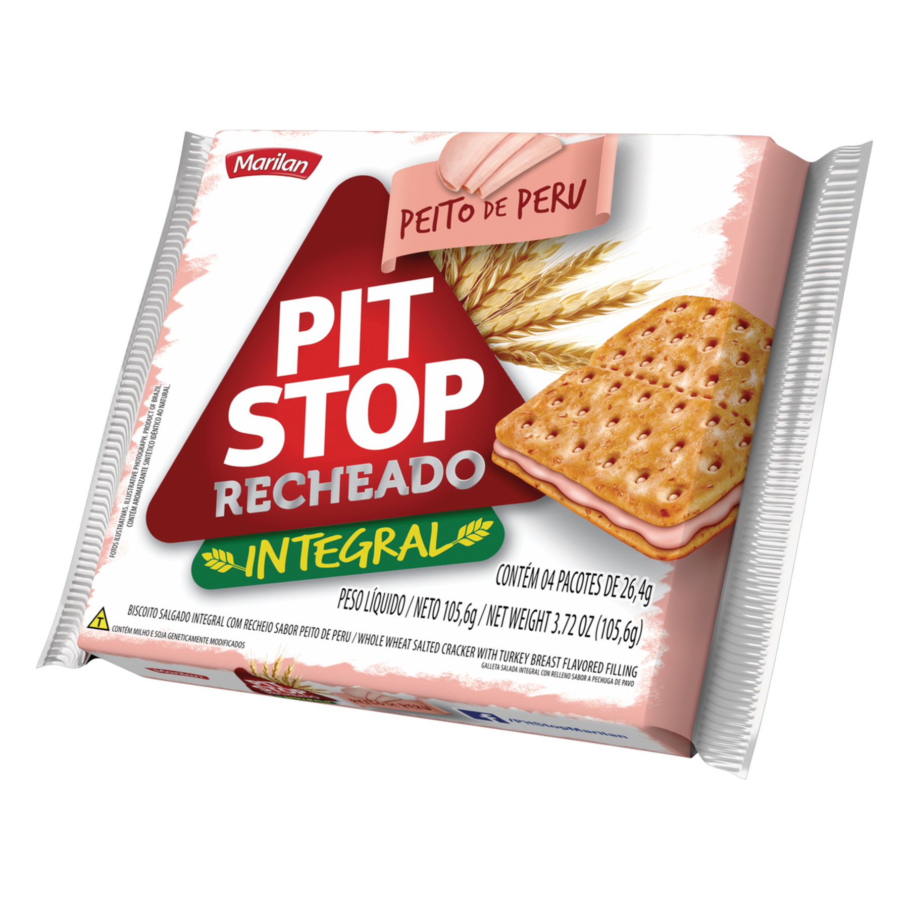 Pack Biscoito Integral Recheio Peito de Peru Marilan Pit Stop Pacote 105,6g C/4 Unidades