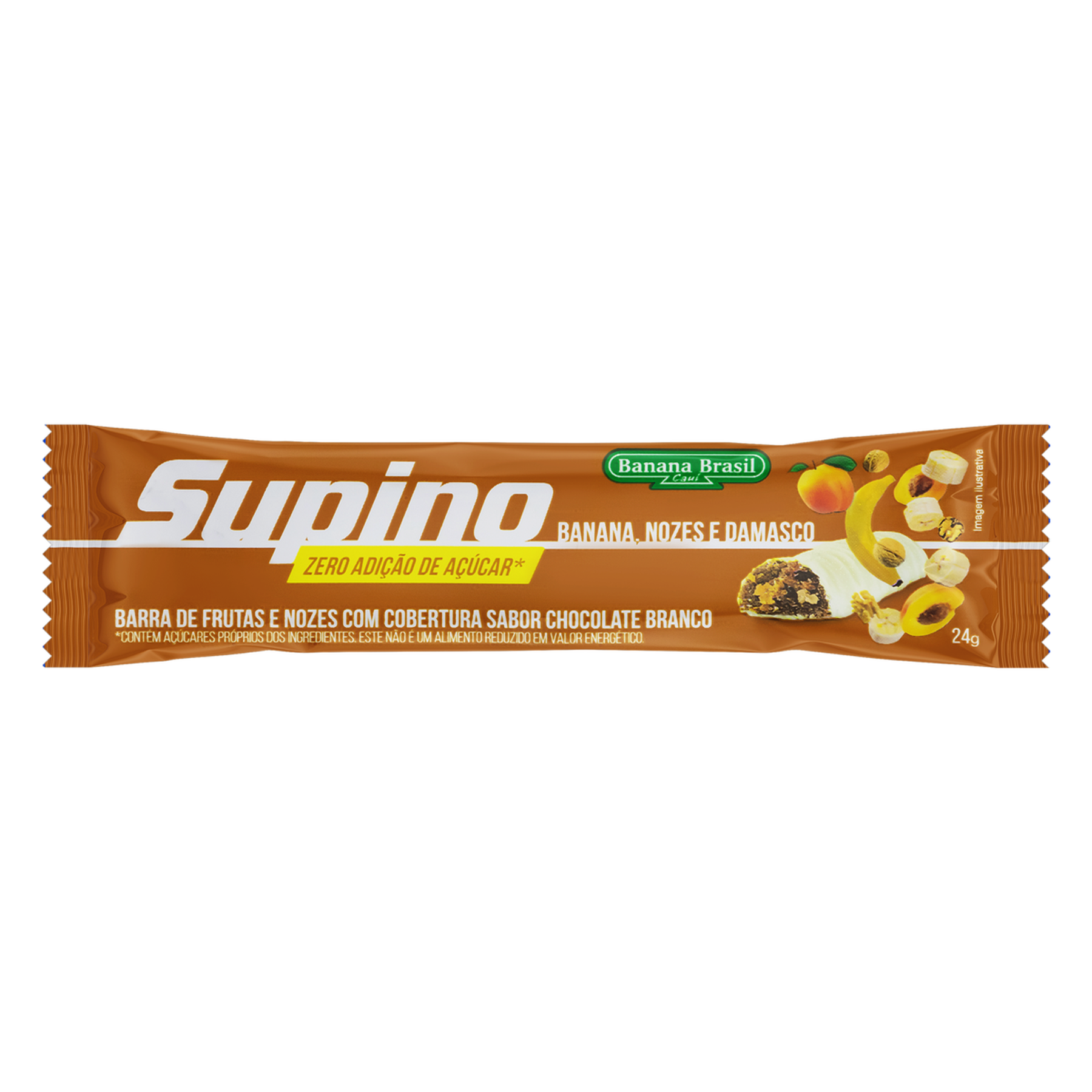 Barra de Frutas Banana, Nozes e Damasco Cobertura Chocolate Branco Supino Pacote 24g&nbsp;