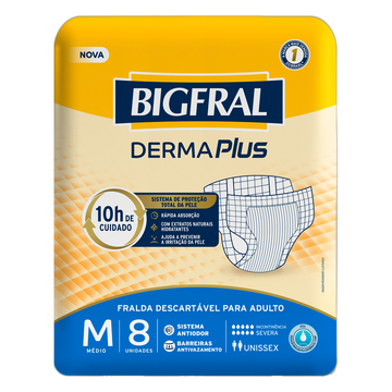 Fralda Descartável para Adulto M Bigfral Derma Plus Pacote C/8 Unidades