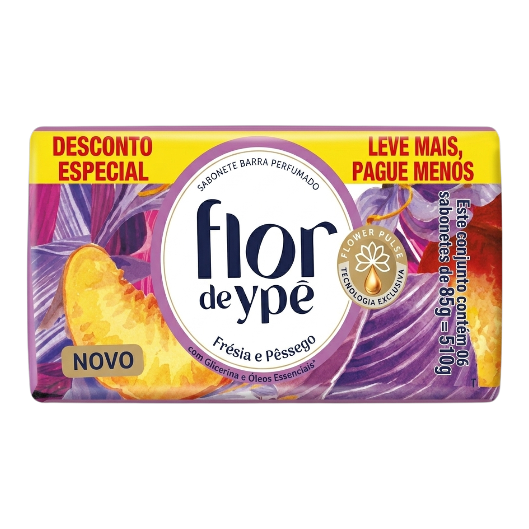 Pack Sabonete Barra Perfumado Fr&eacute;sia e P&ecirc;ssego Flor de Yp&ecirc; Envolt&oacute;rio 510g 6 Unidades 85g Cada