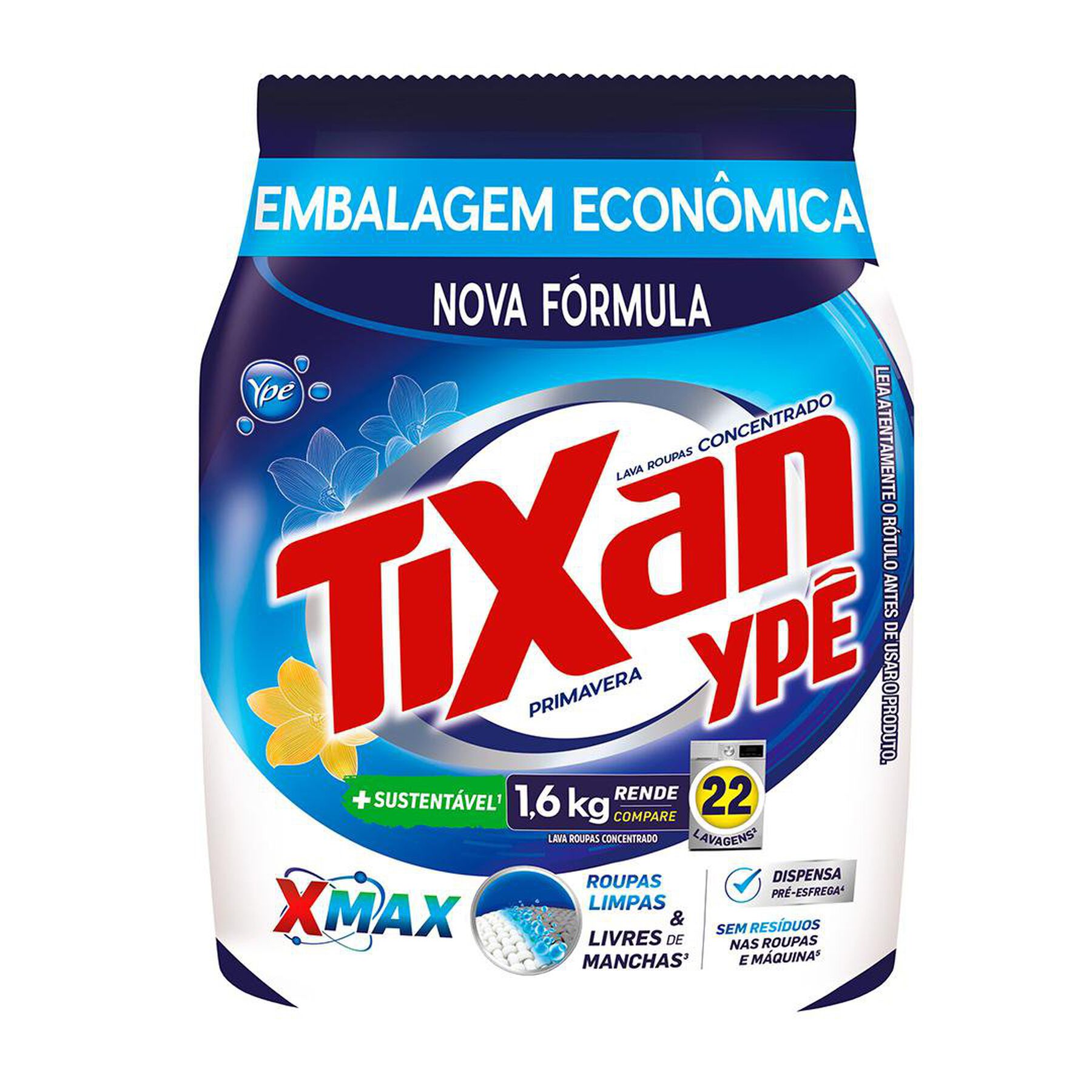 Sabão em Pó Concentrado Primavera Tixan Ypê Pacote 1,6kg - Embalagem Econômica