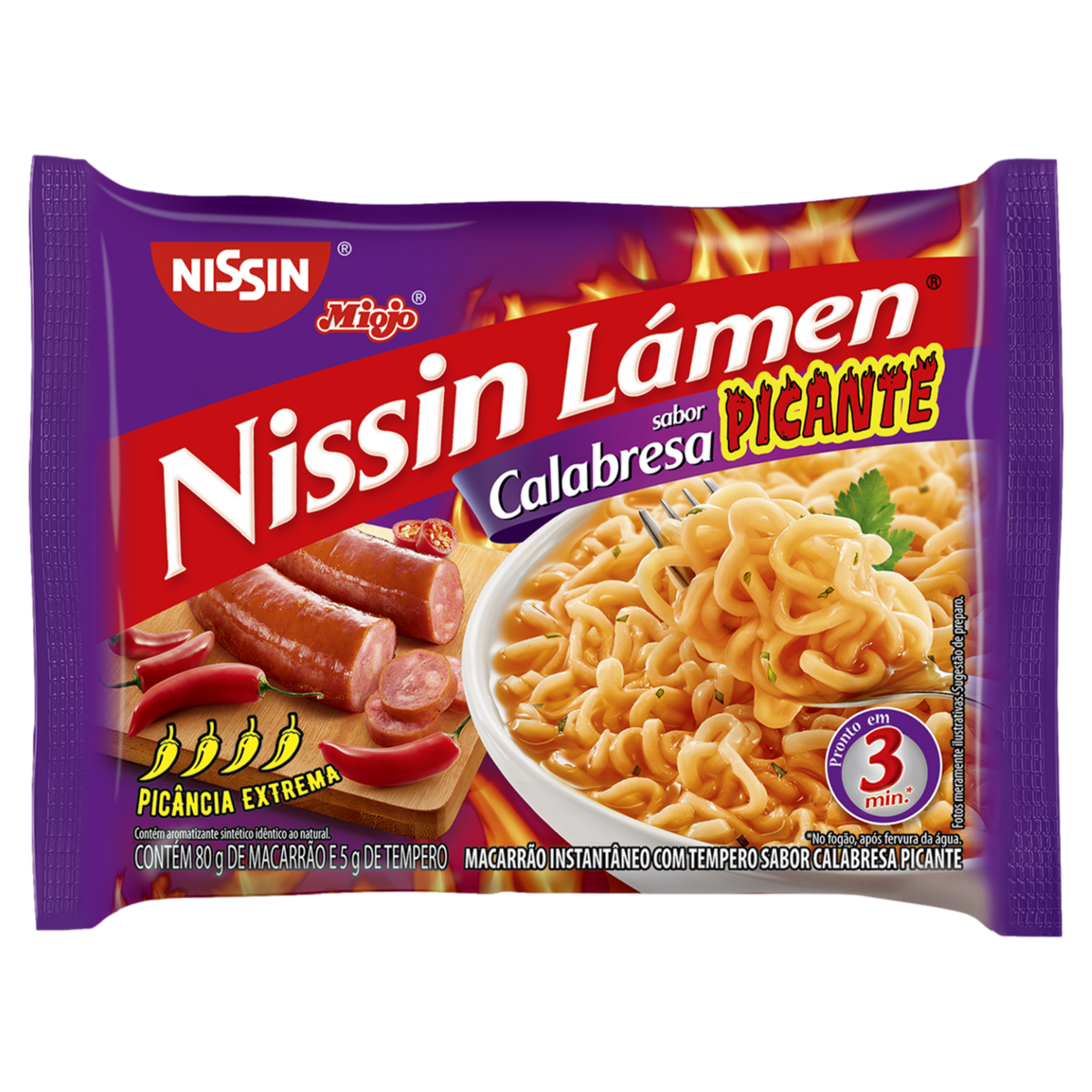 Macarr&atilde;o Instant&acirc;neo L&aacute;men Calabresa Picante Nissin Miojo Pacote 85g