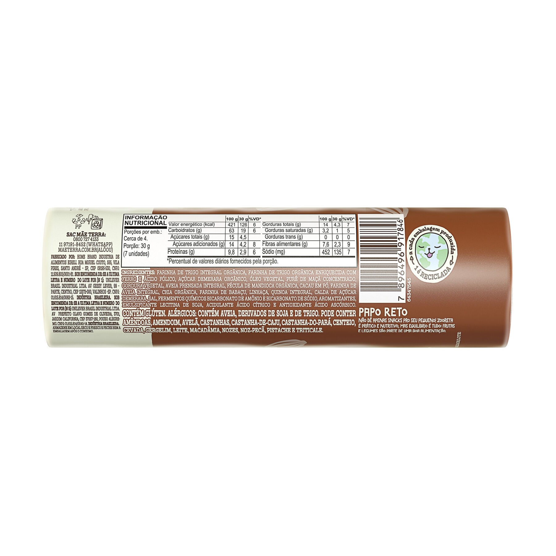 Biscoito Integral Org&acirc;nico Cacau Zooreta M&atilde;e Terra Pacote 110g