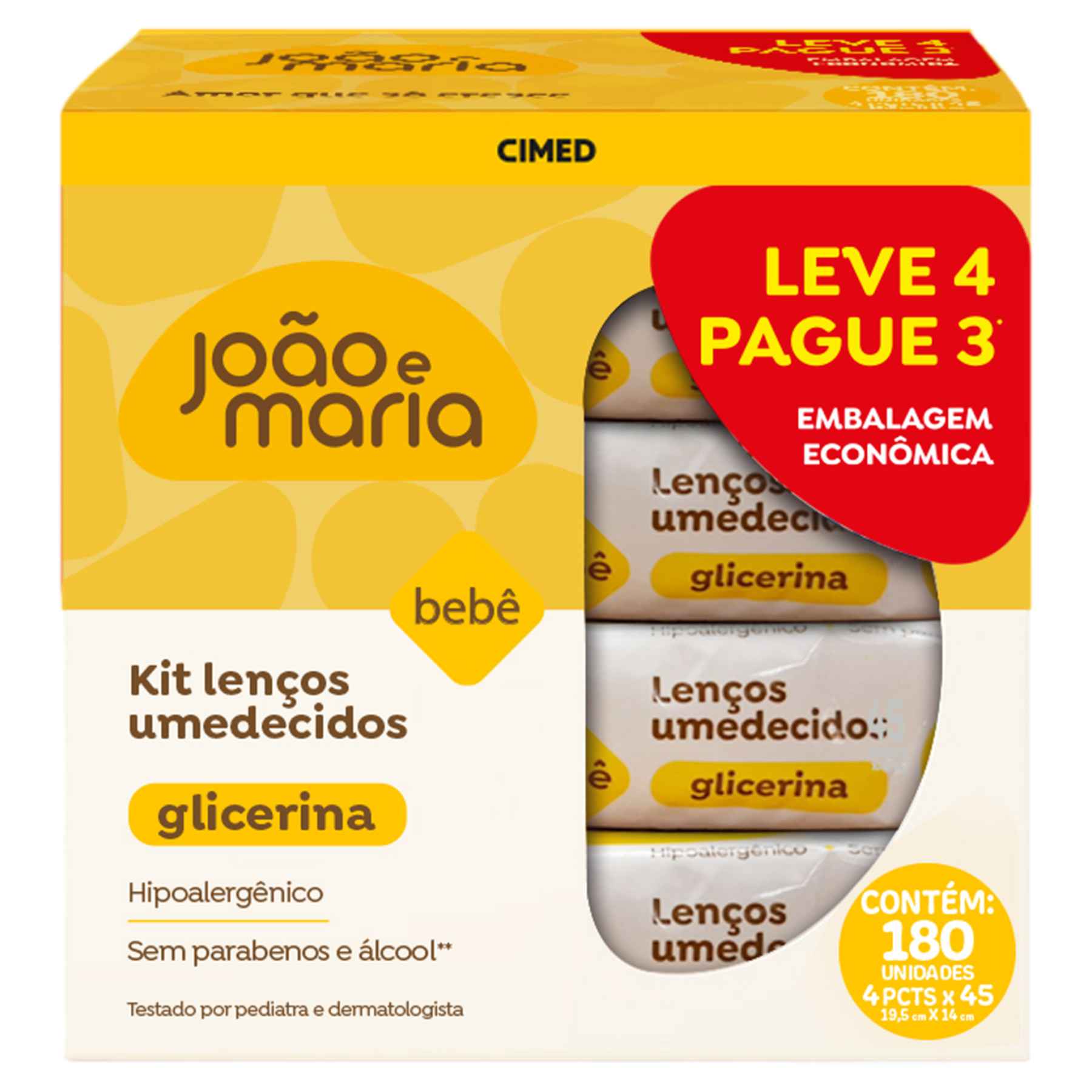 Pack Len&ccedil;o Umedecido Beb&ecirc; Jo&atilde;o e Maria Pacote 45 Folhas Cada Leve 4 Pague 3 Unidades Embalagem Econ&ocirc;mica
