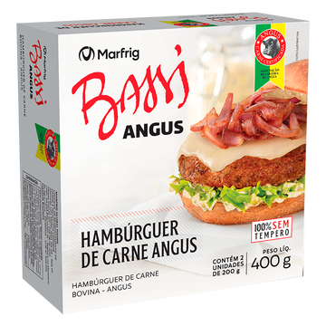 Hambúrguer de Carne Bovina Angus Bassi Marfrig Caixa 400g C/2 Unidades
