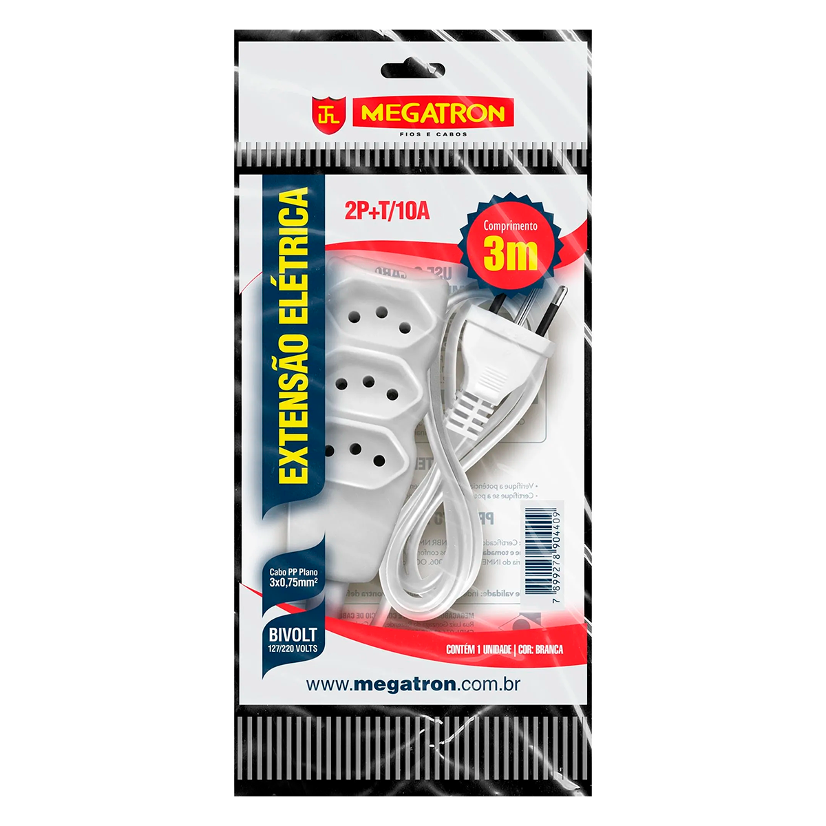 Extens&atilde;o El&eacute;trica Branca 2P+T/10A Megatron 3m