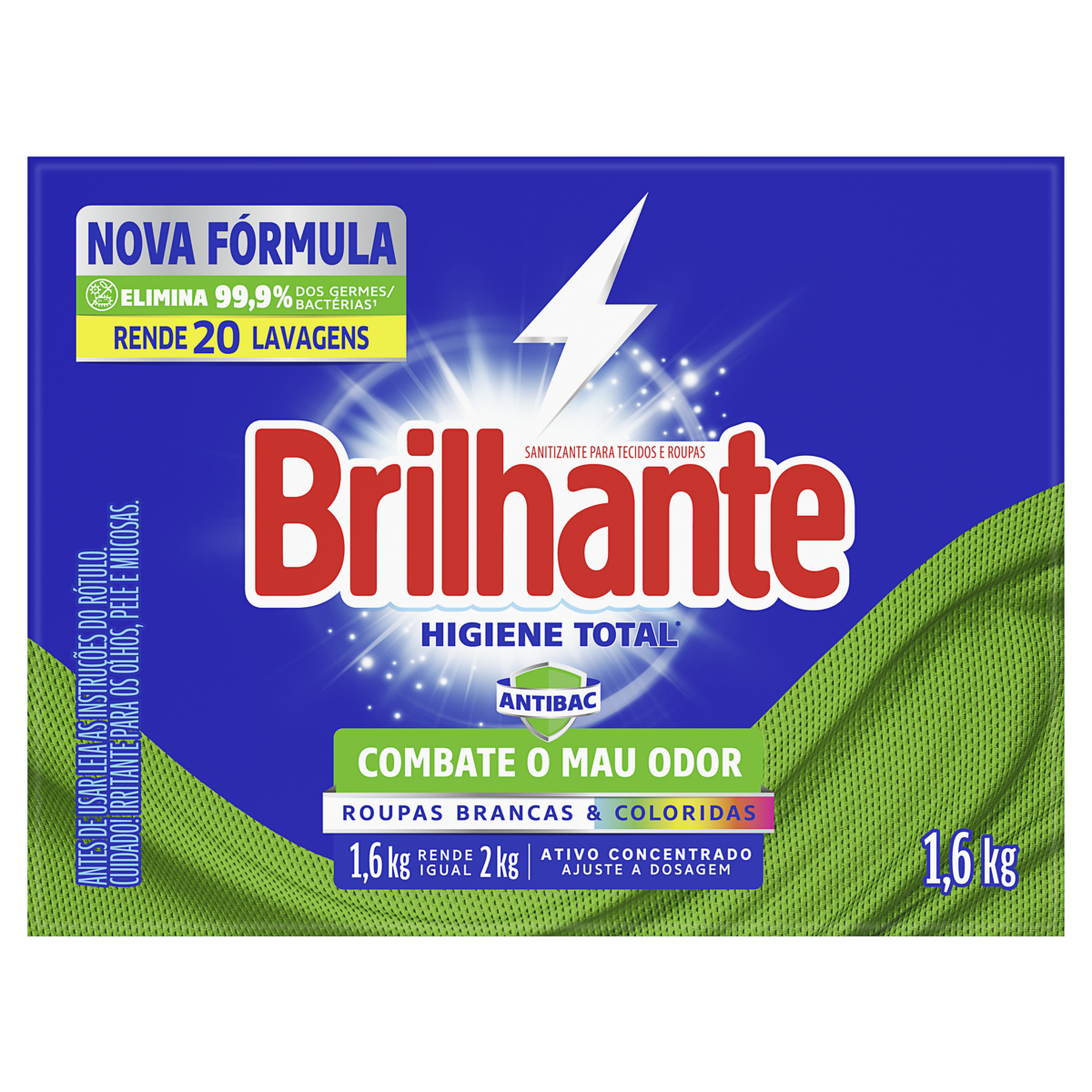 Lava Roupas em Pó Roupas Brancas e Coloridas Higiene Total Antibac Brilhante Caixa 1,6kg