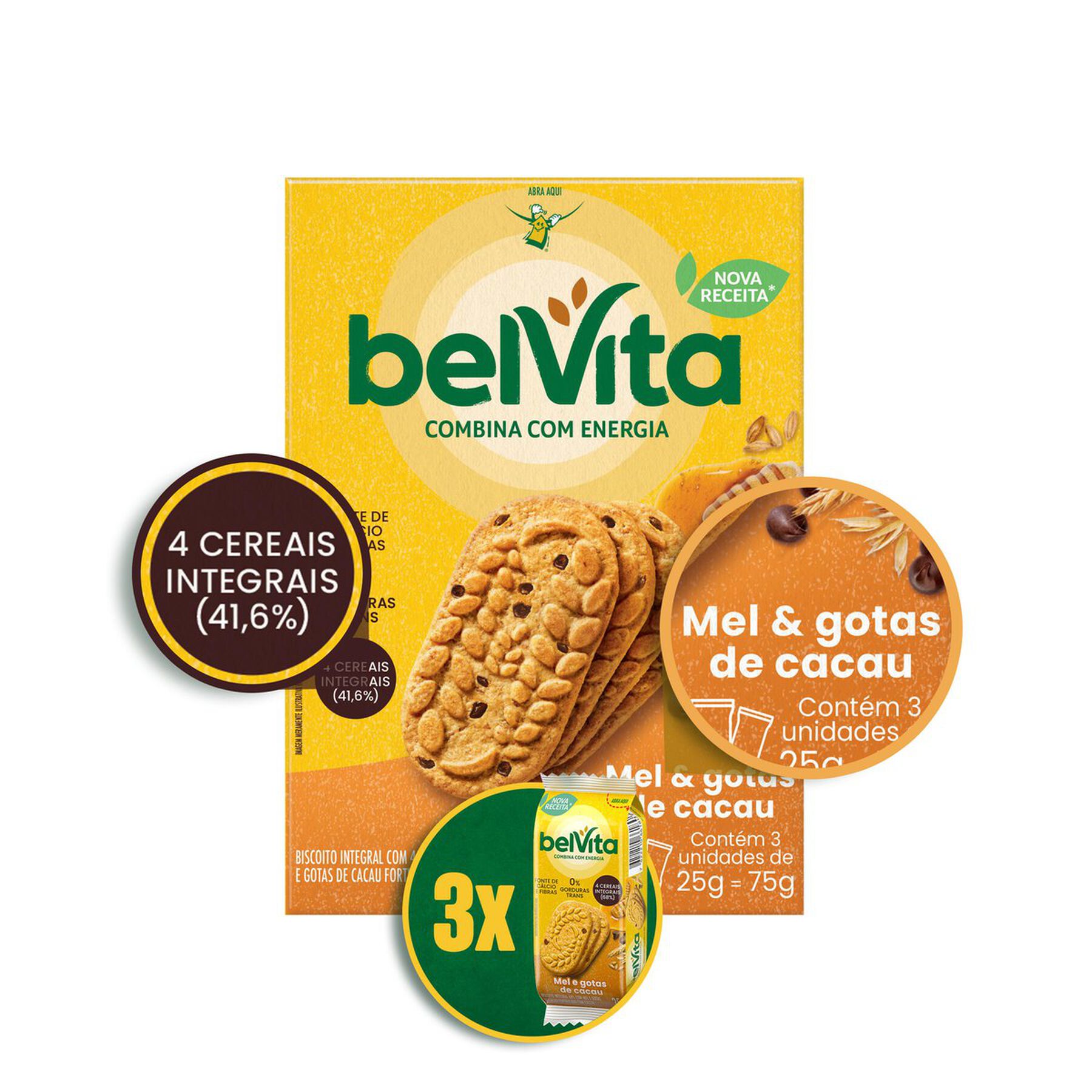 Biscoito Integral Mel & Cacau Belvita Caixa 75g 3 Unidades